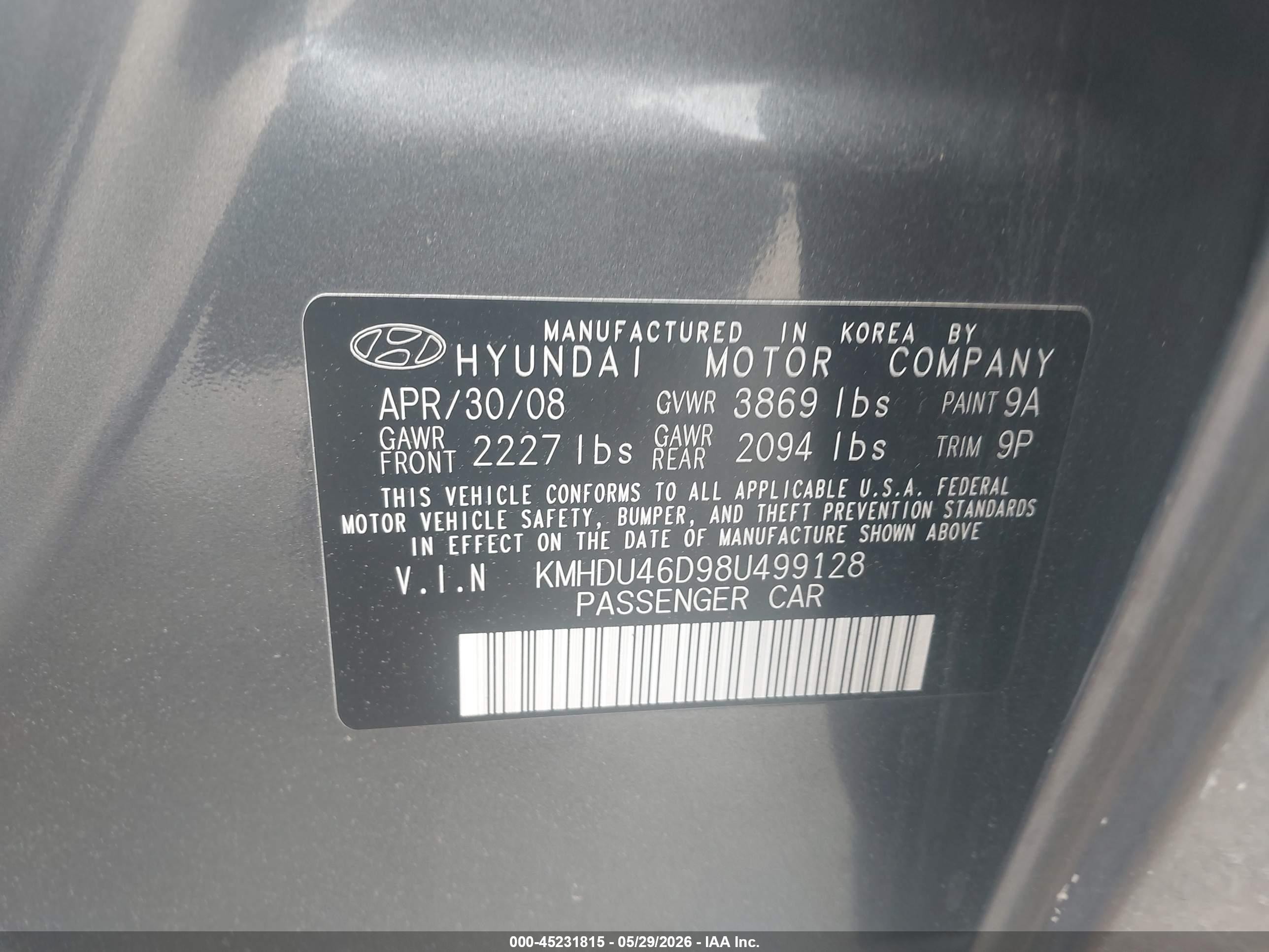 2008 Hyundai Elantra Gls/se Gray vin: KMHDU46D98U499128