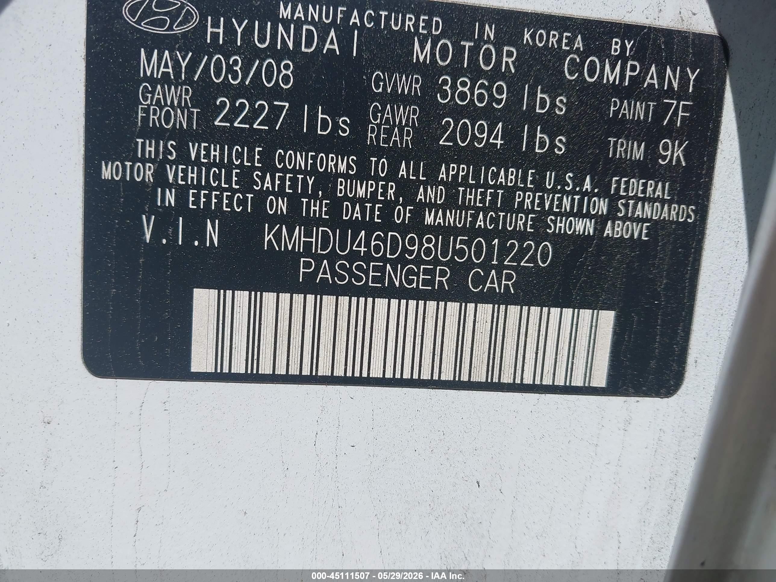 2008 Hyundai Elantra Gls/se White vin: KMHDU46D98U501220