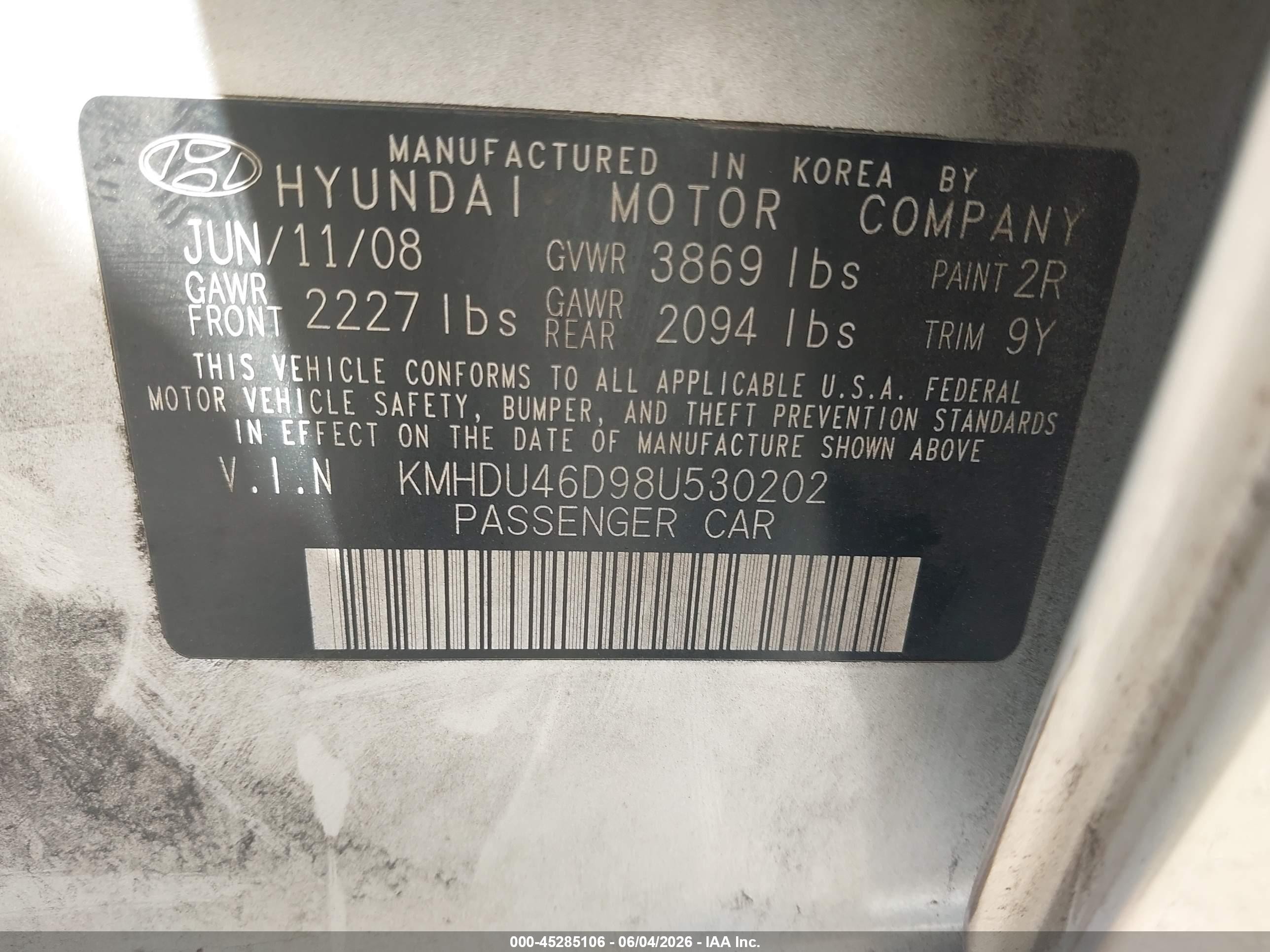 2008 Hyundai Elantra Gls/se Silver vin: KMHDU46D98U530202