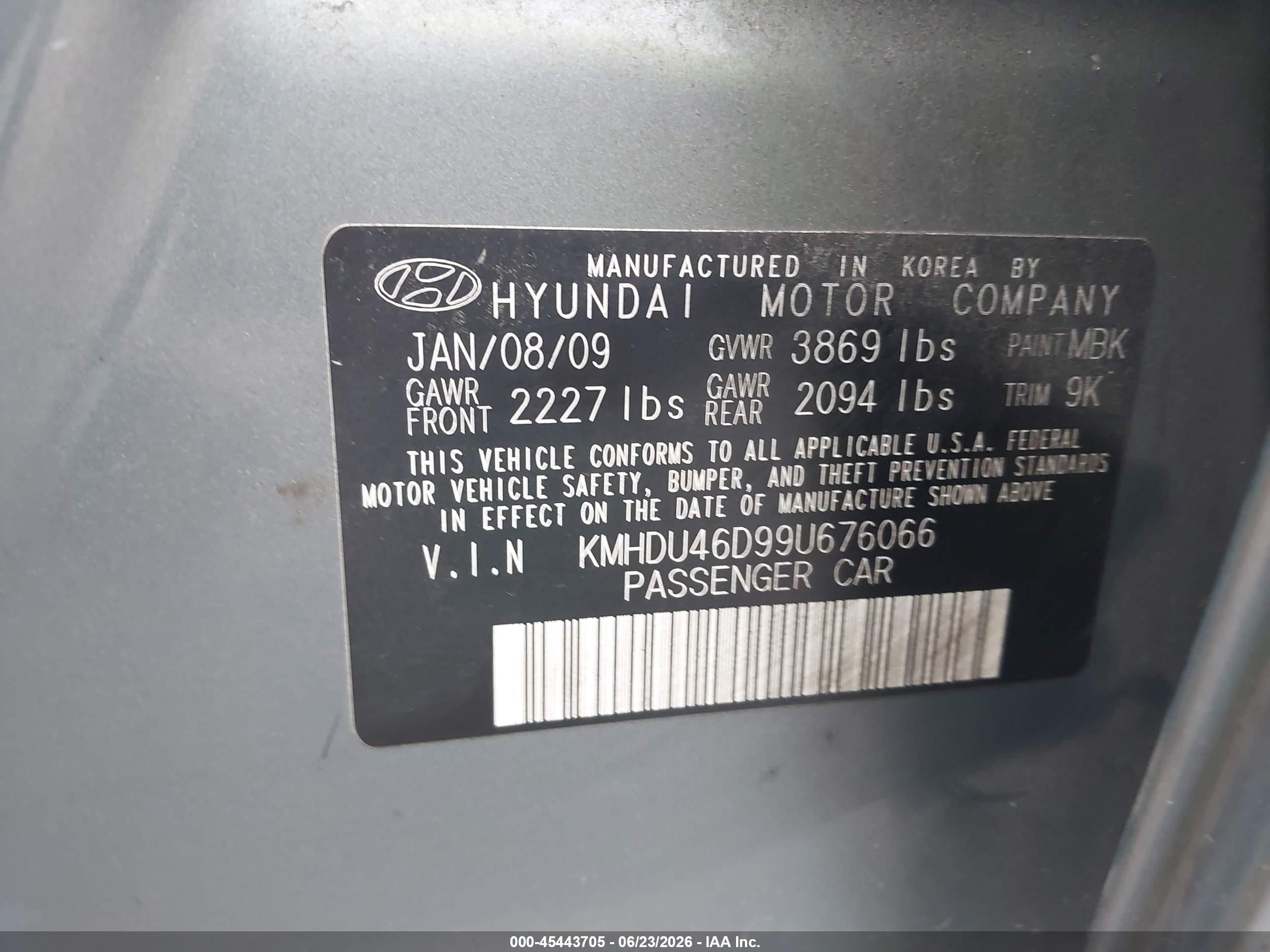2009 Hyundai Elantra Gls Gray vin: KMHDU46D99U676066