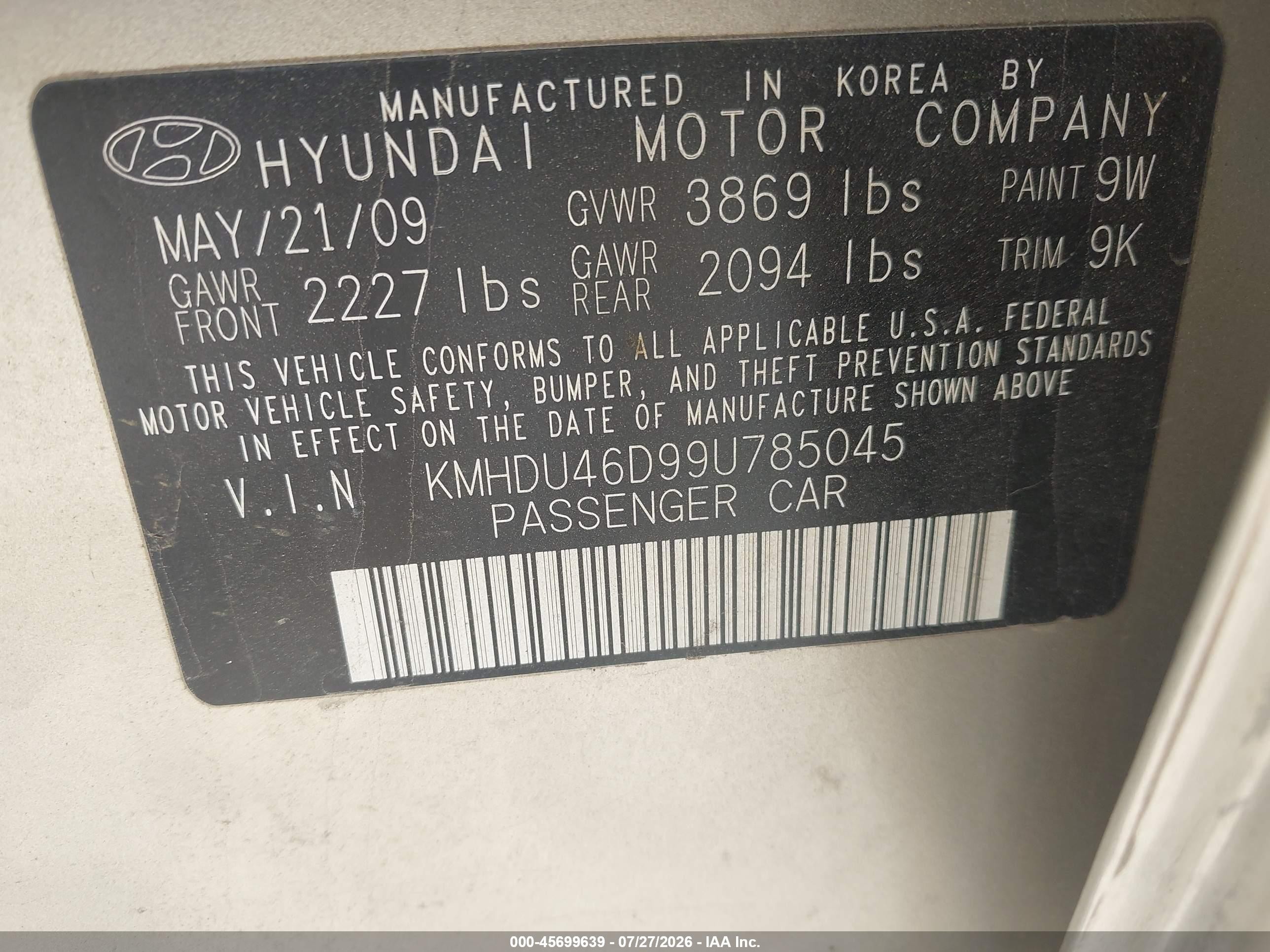 2009 Hyundai Elantra Gls Gold vin: KMHDU46D99U785045