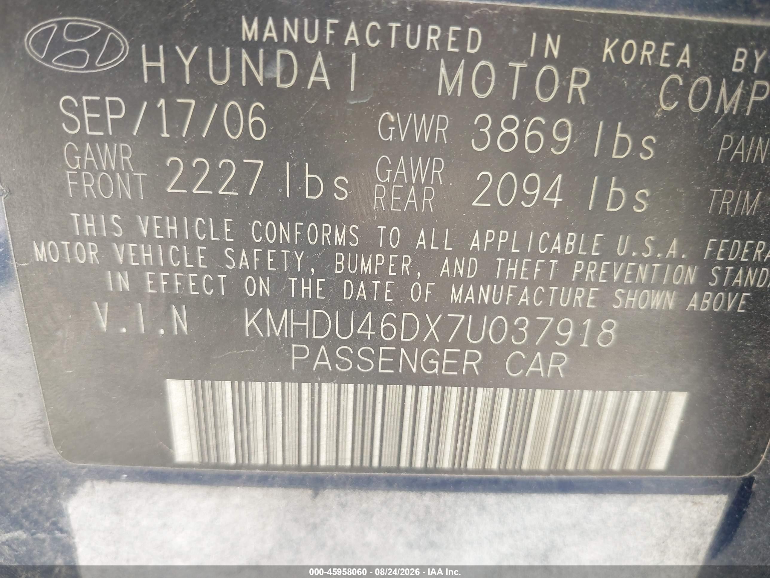 2007 Hyundai Elantra Gls/ltd/se Blue vin: KMHDU46DX7U037918