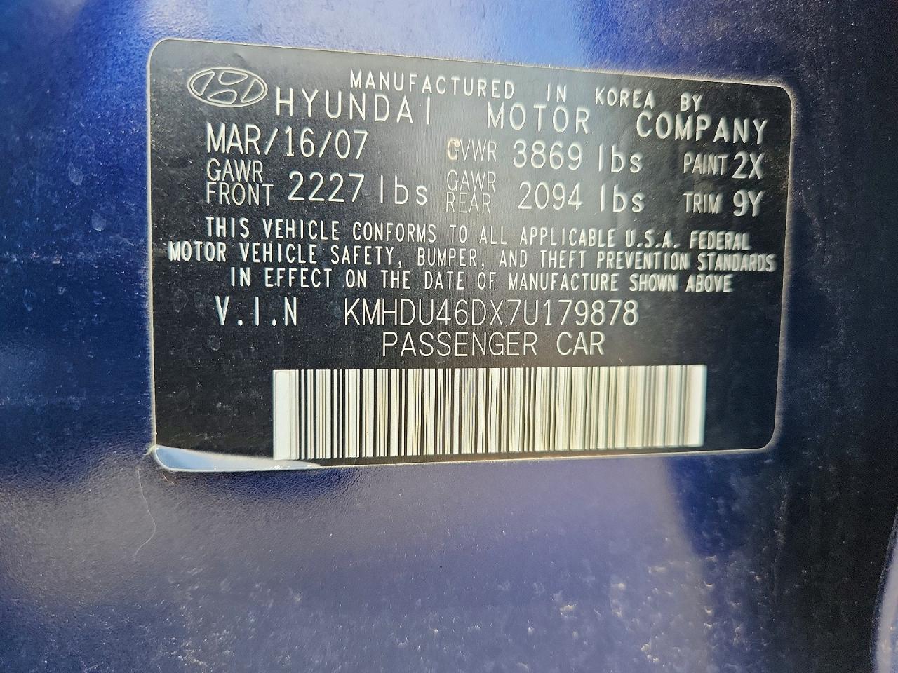 2007 Hyundai Elantra Gls Blue vin: KMHDU46DX7U179878