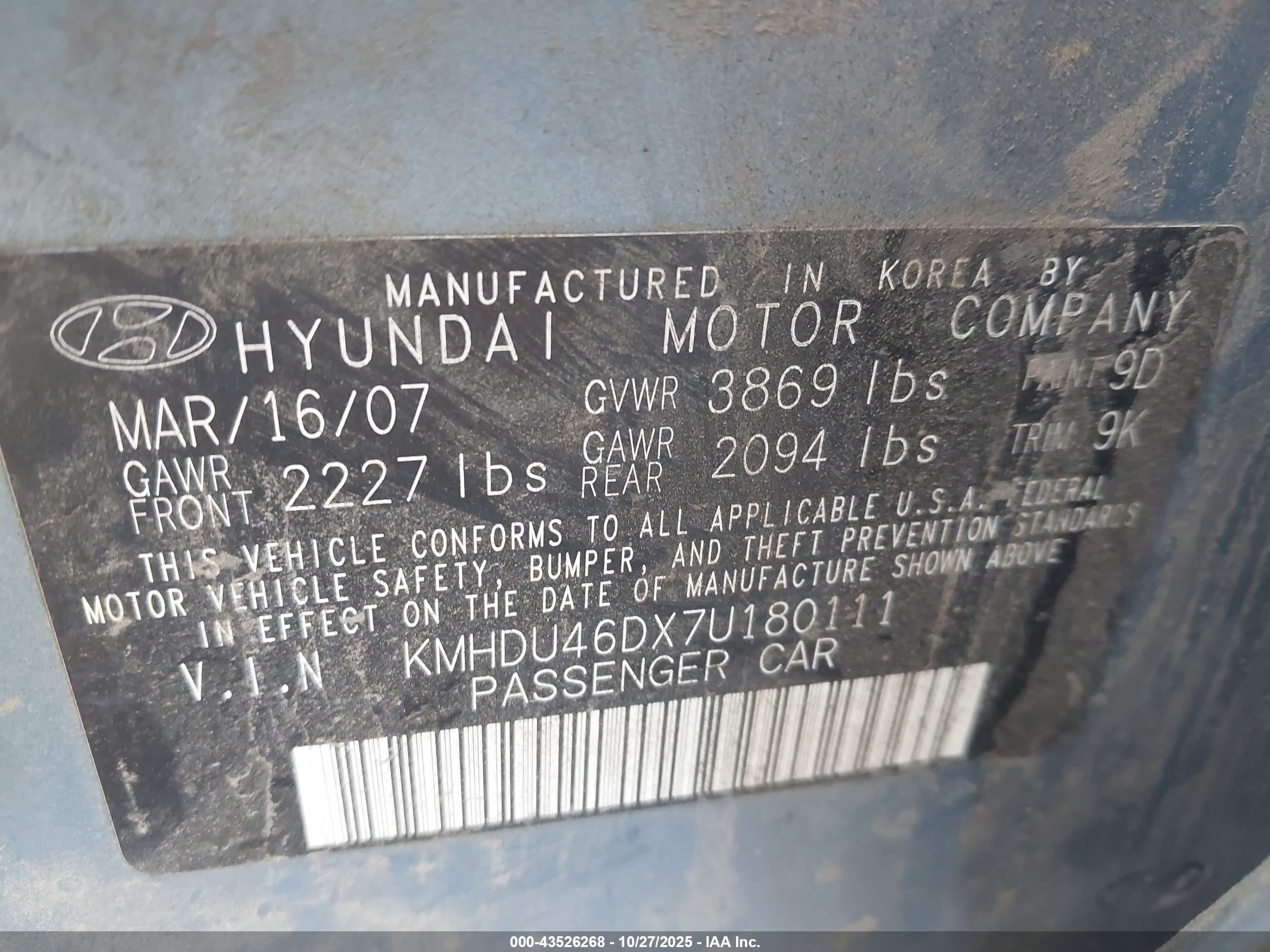 2007 Hyundai Elantra Gls/limited/se Blue vin: KMHDU46DX7U180111
