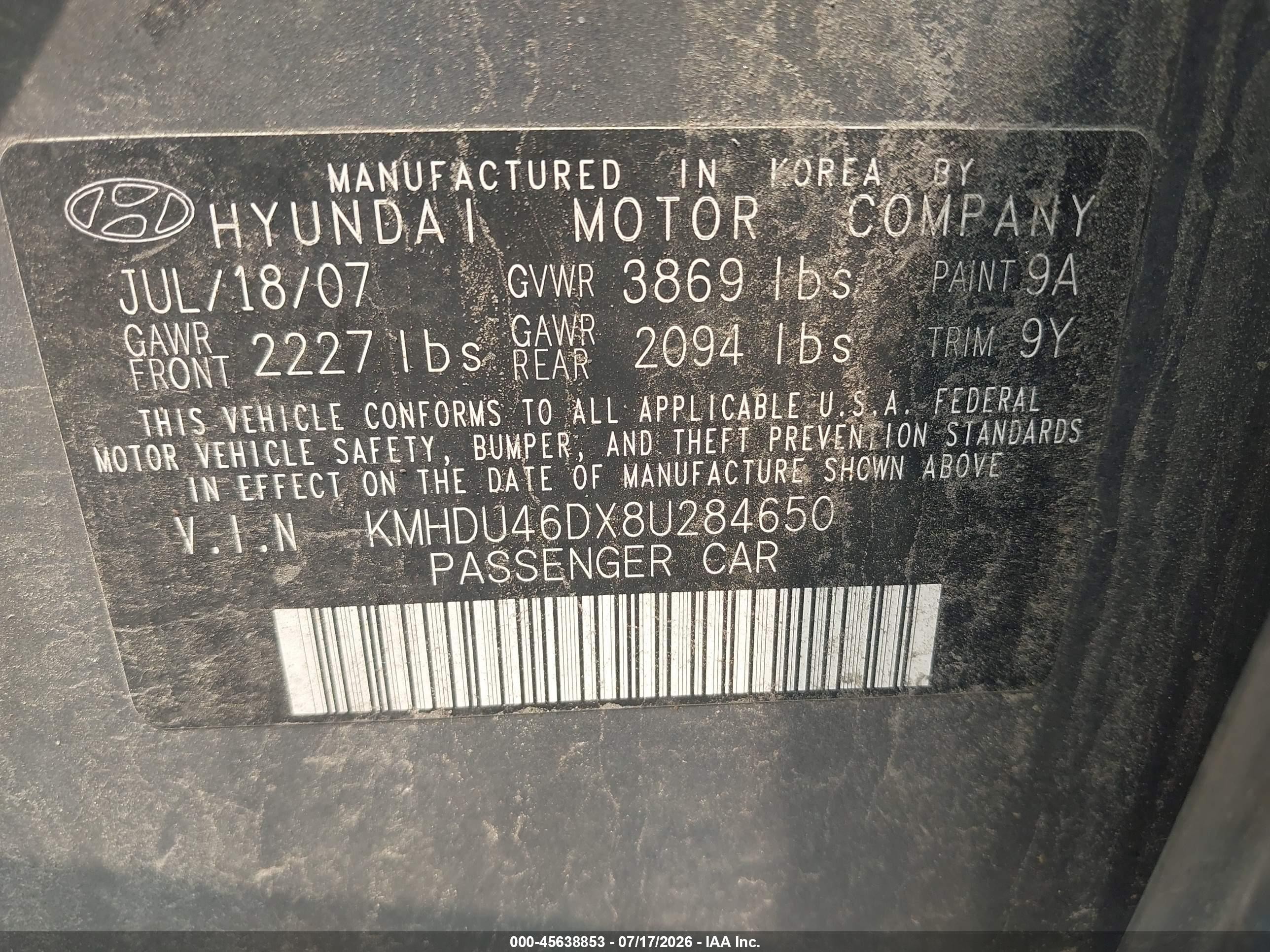 2008 Hyundai Elantra Gls/se Gray vin: KMHDU46DX8U284650