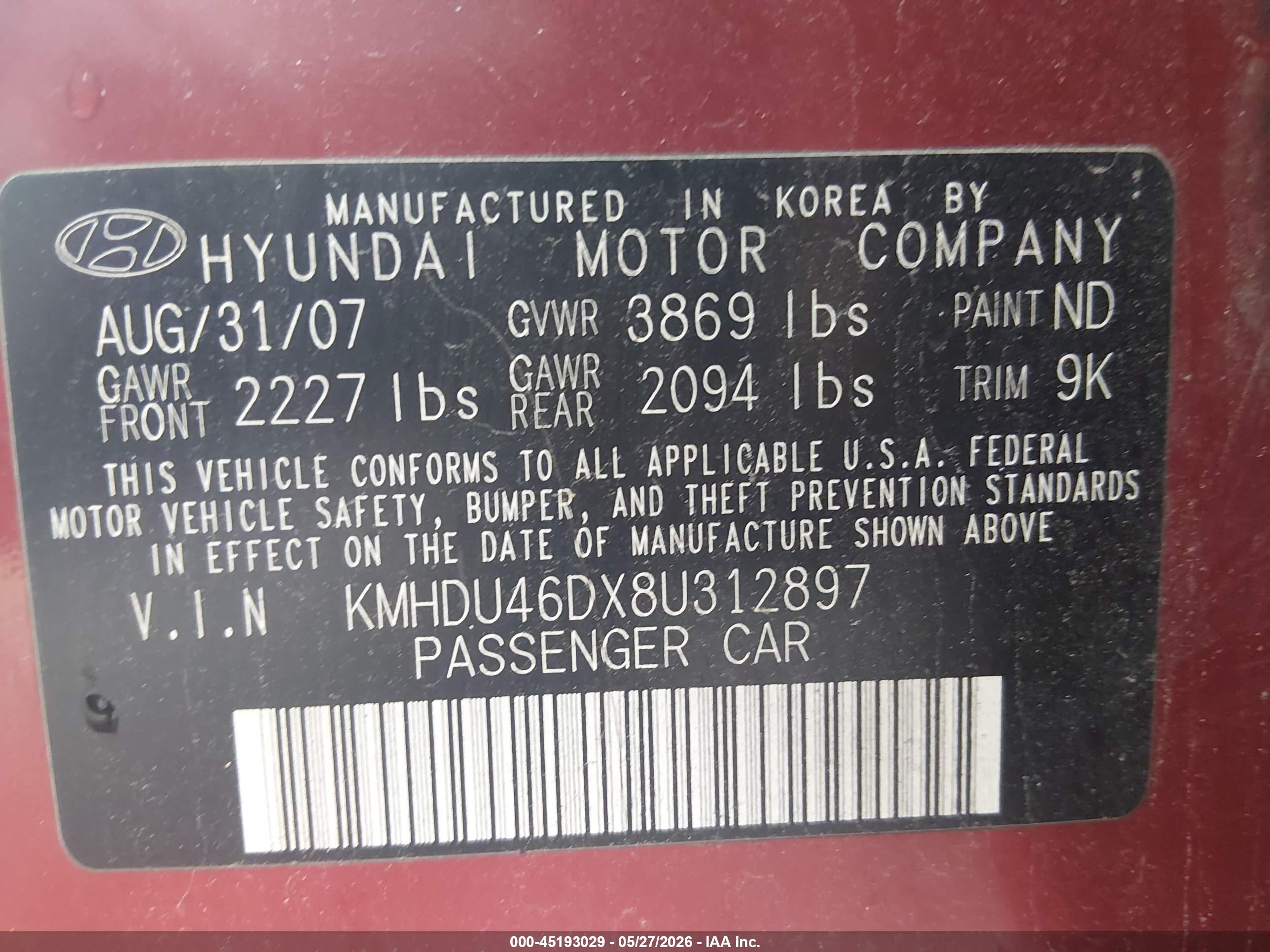 2008 Hyundai Elantra Gls/se Red vin: KMHDU46DX8U312897