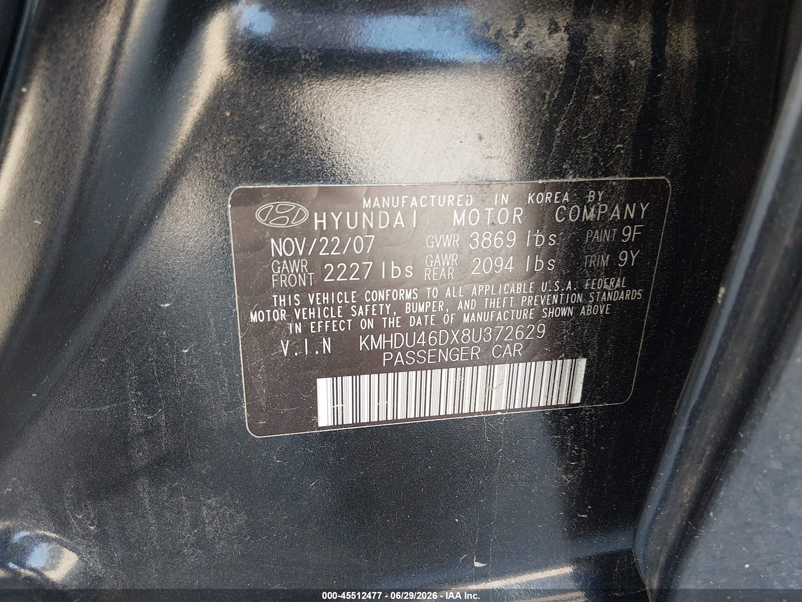 2008 Hyundai Elantra Gls/se/limited Black vin: KMHDU46DX8U372629