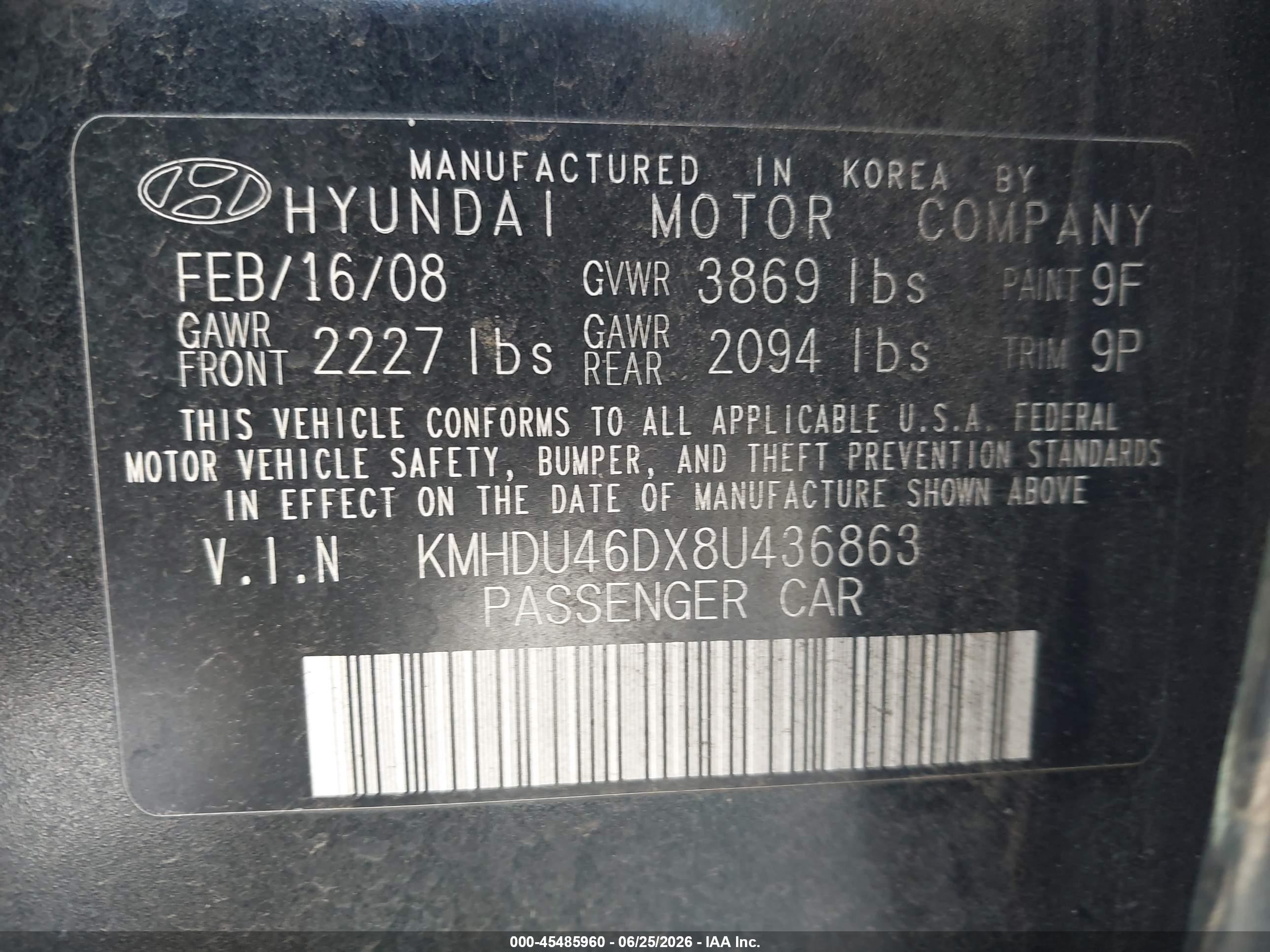 2008 Hyundai Elantra Gls/se Black vin: KMHDU46DX8U436863