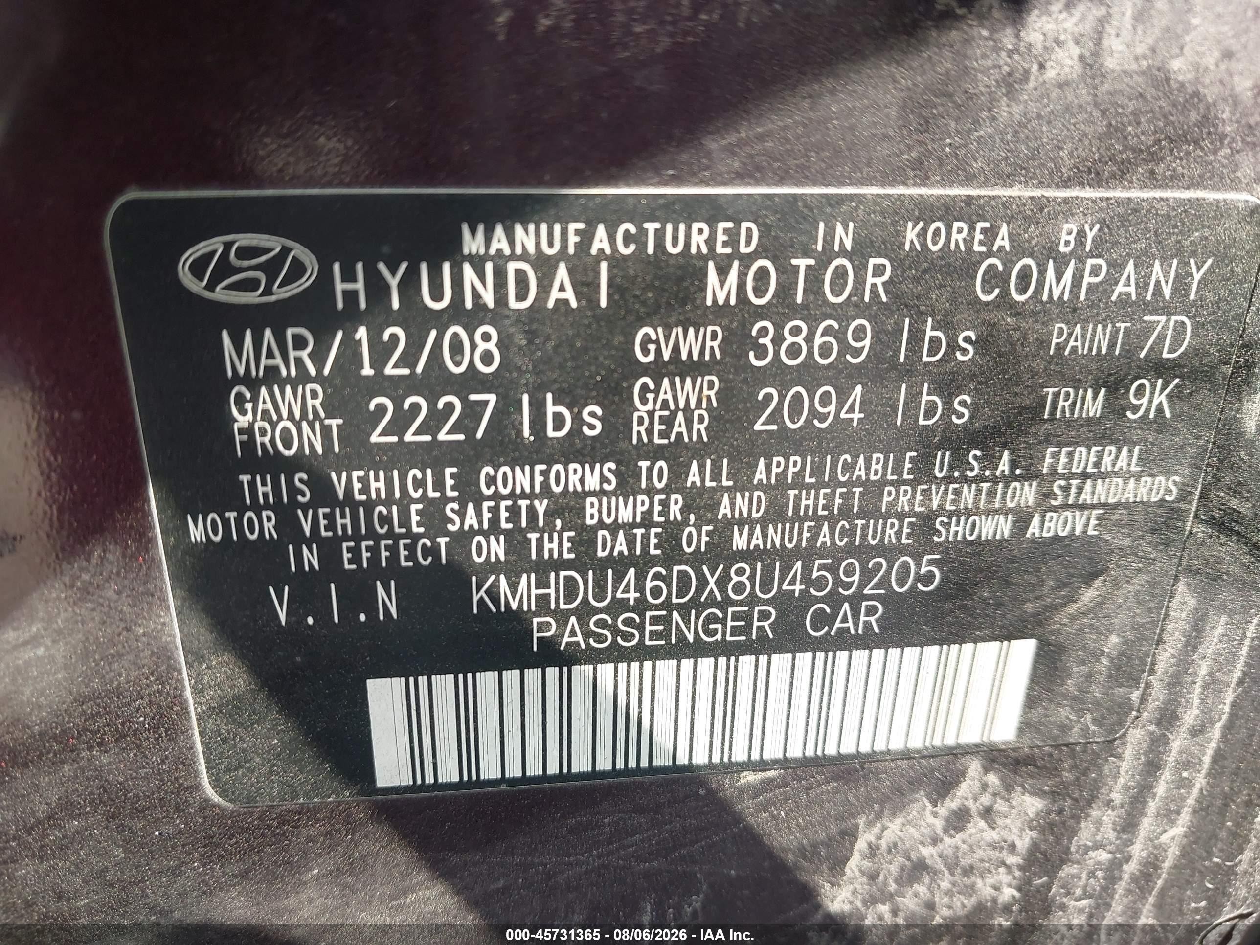 2008 Hyundai Elantra Gls/se Purple vin: KMHDU46DX8U459205