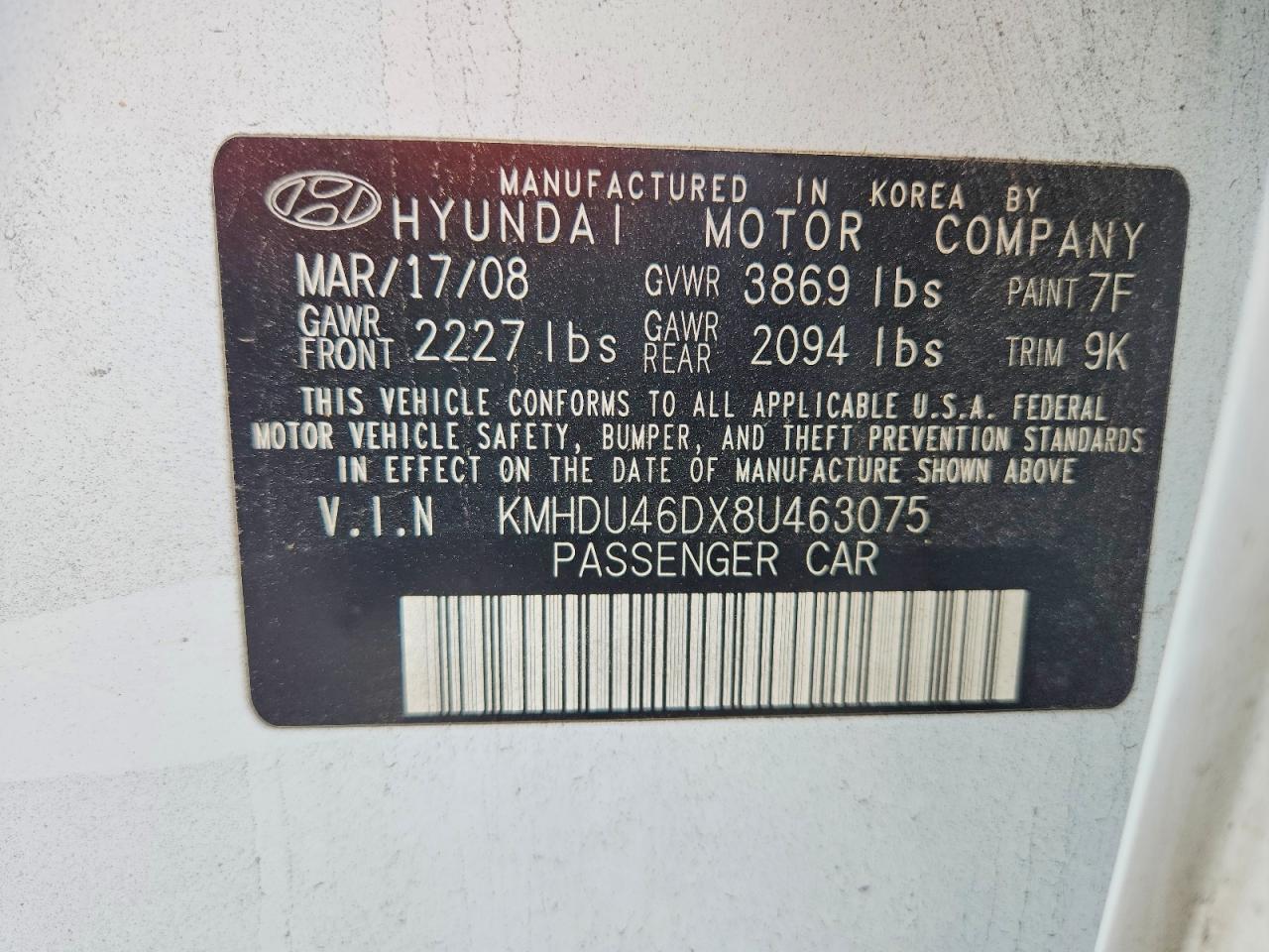 2008 Hyundai Elantra Gls White vin: KMHDU46DX8U463075