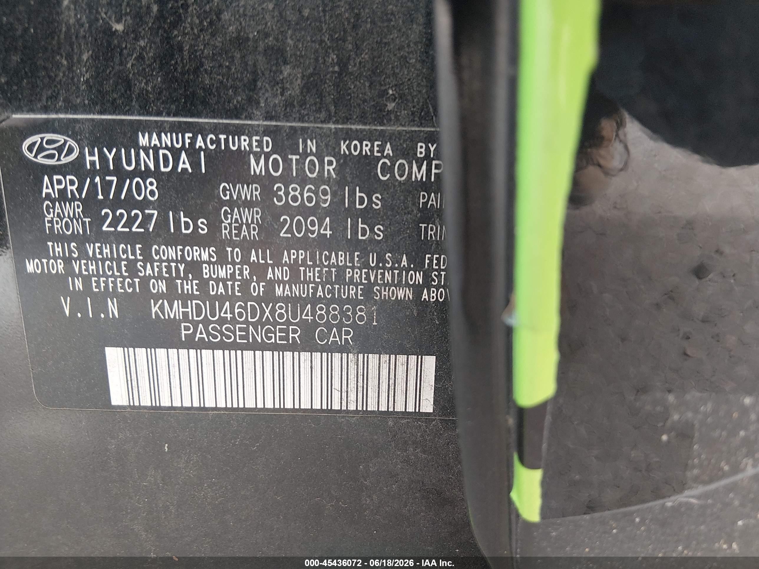 2008 Hyundai Elantra Gls/se Black vin: KMHDU46DX8U488381