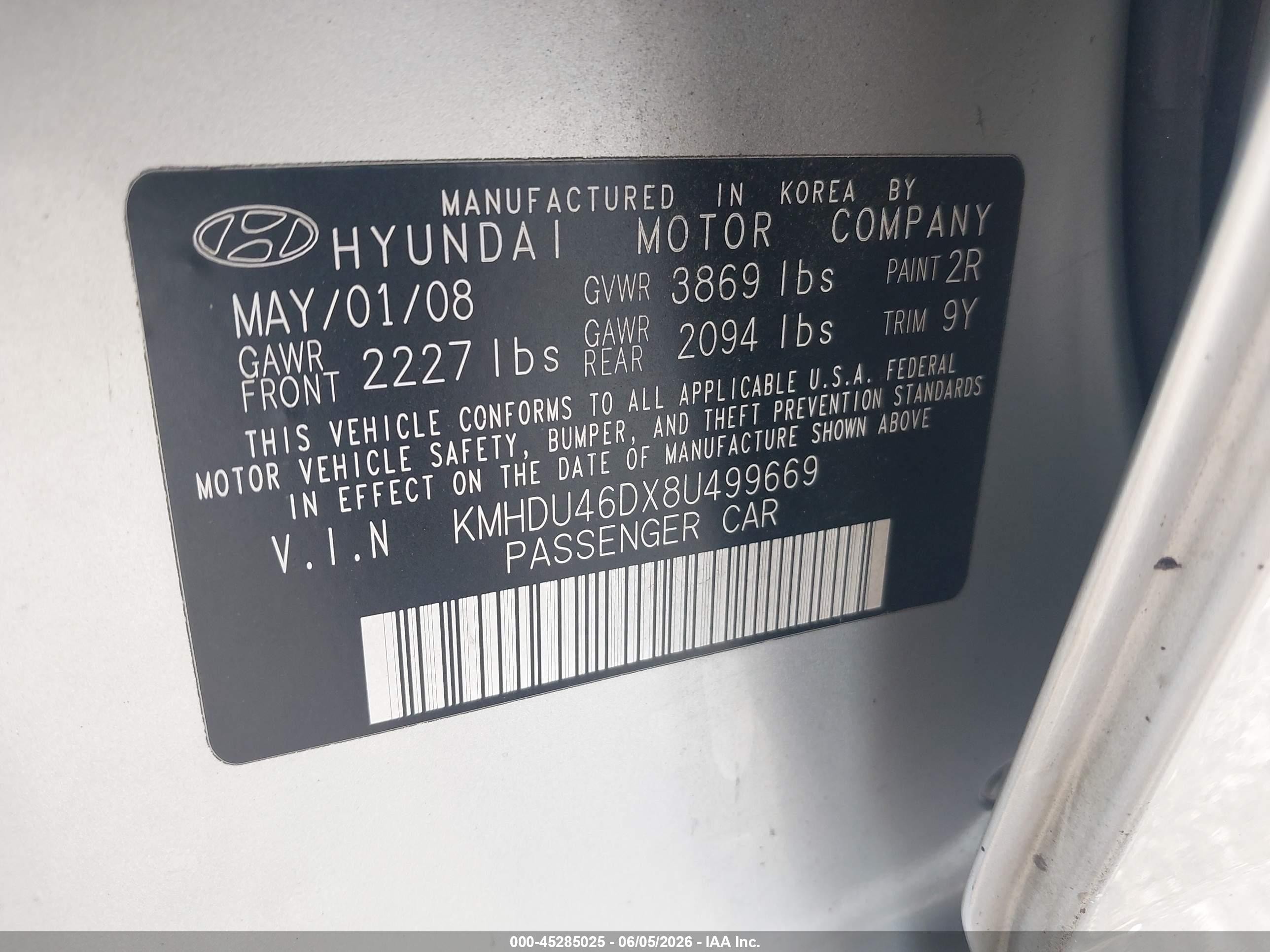 2008 Hyundai Elantra Gls/se Silver vin: KMHDU46DX8U499669