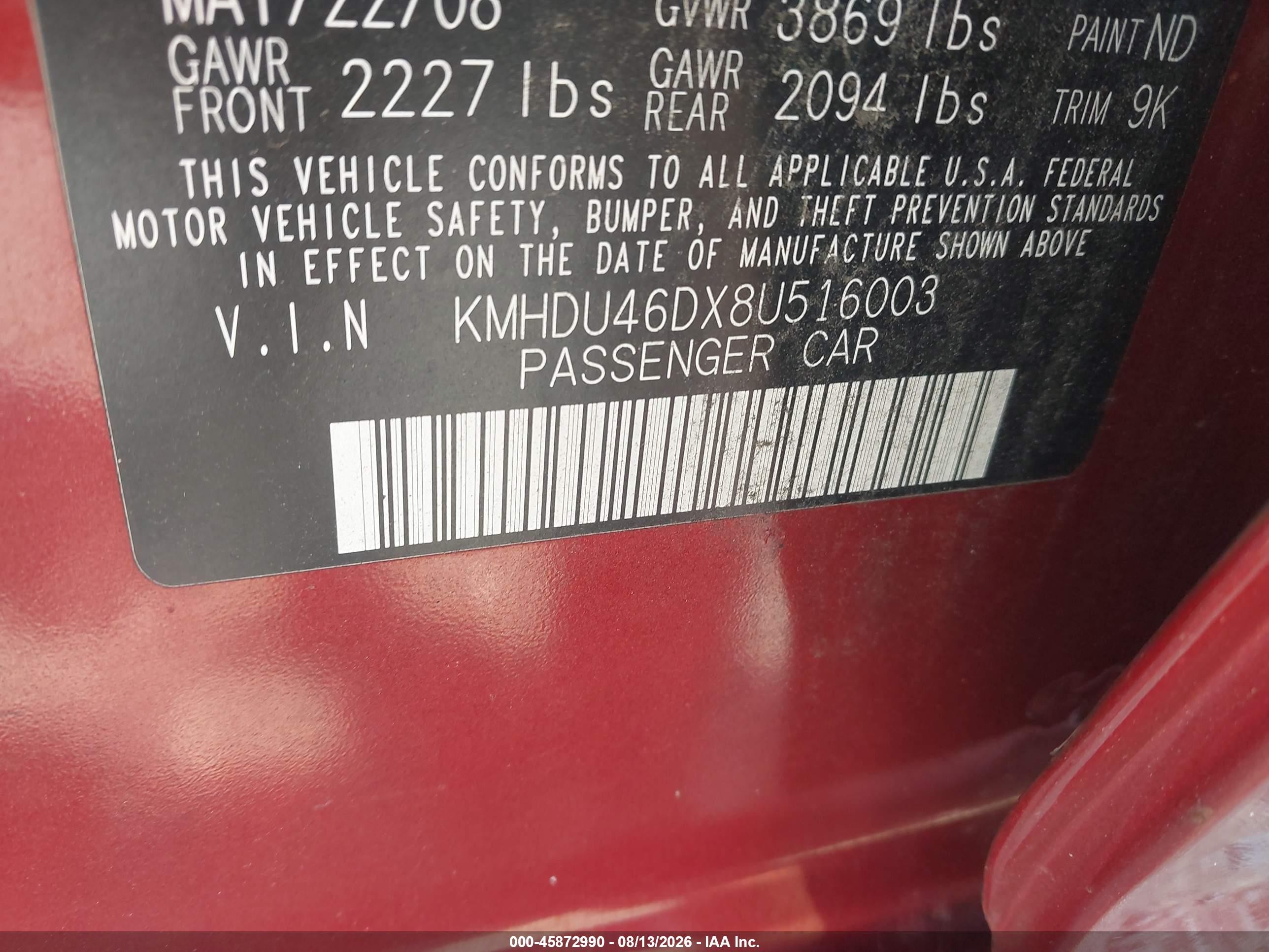 2008 Hyundai Elantra Gls/se Burgundy vin: KMHDU46DX8U516003