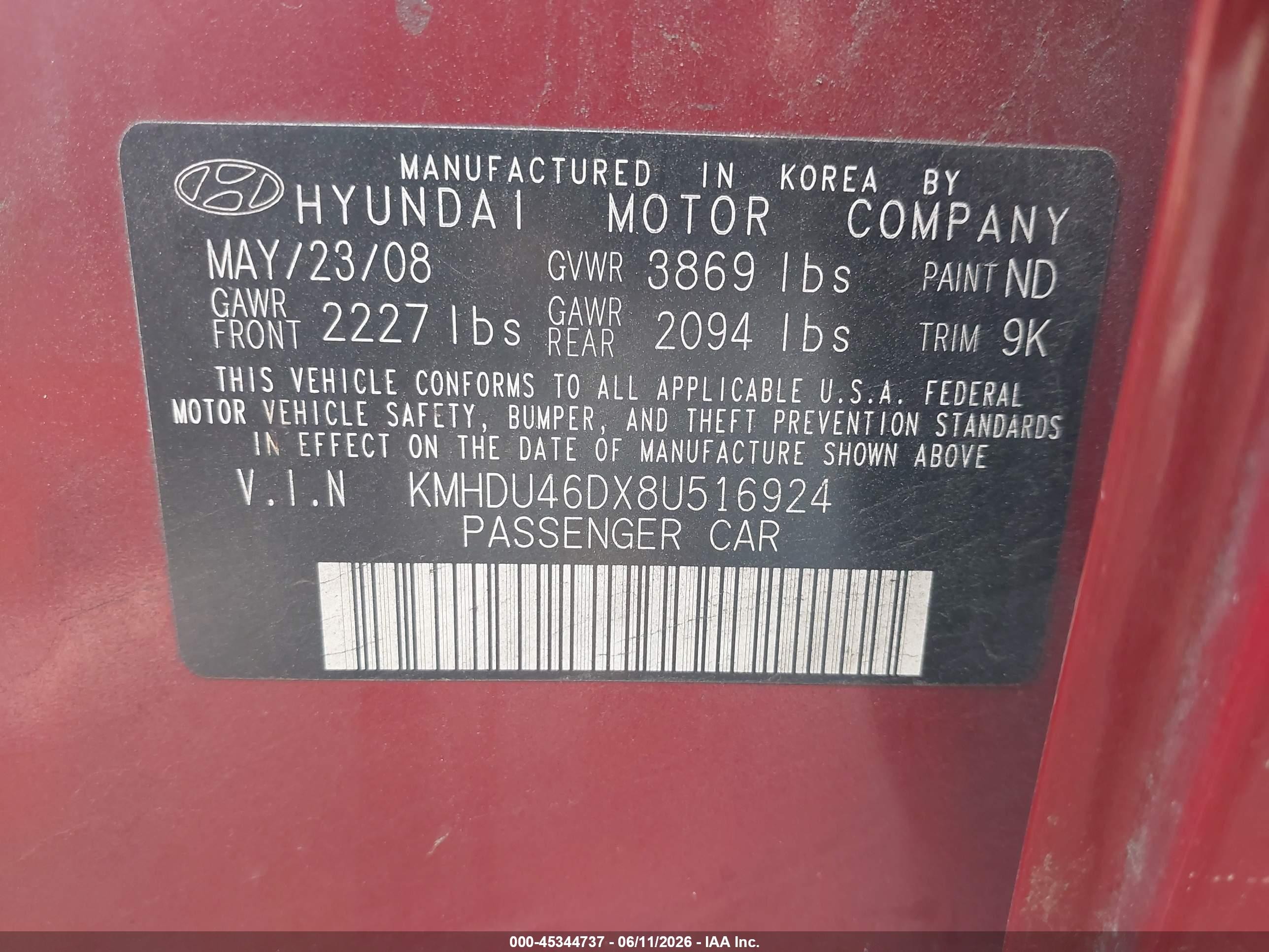 2008 Hyundai Elantra Gls/se Red vin: KMHDU46DX8U516924