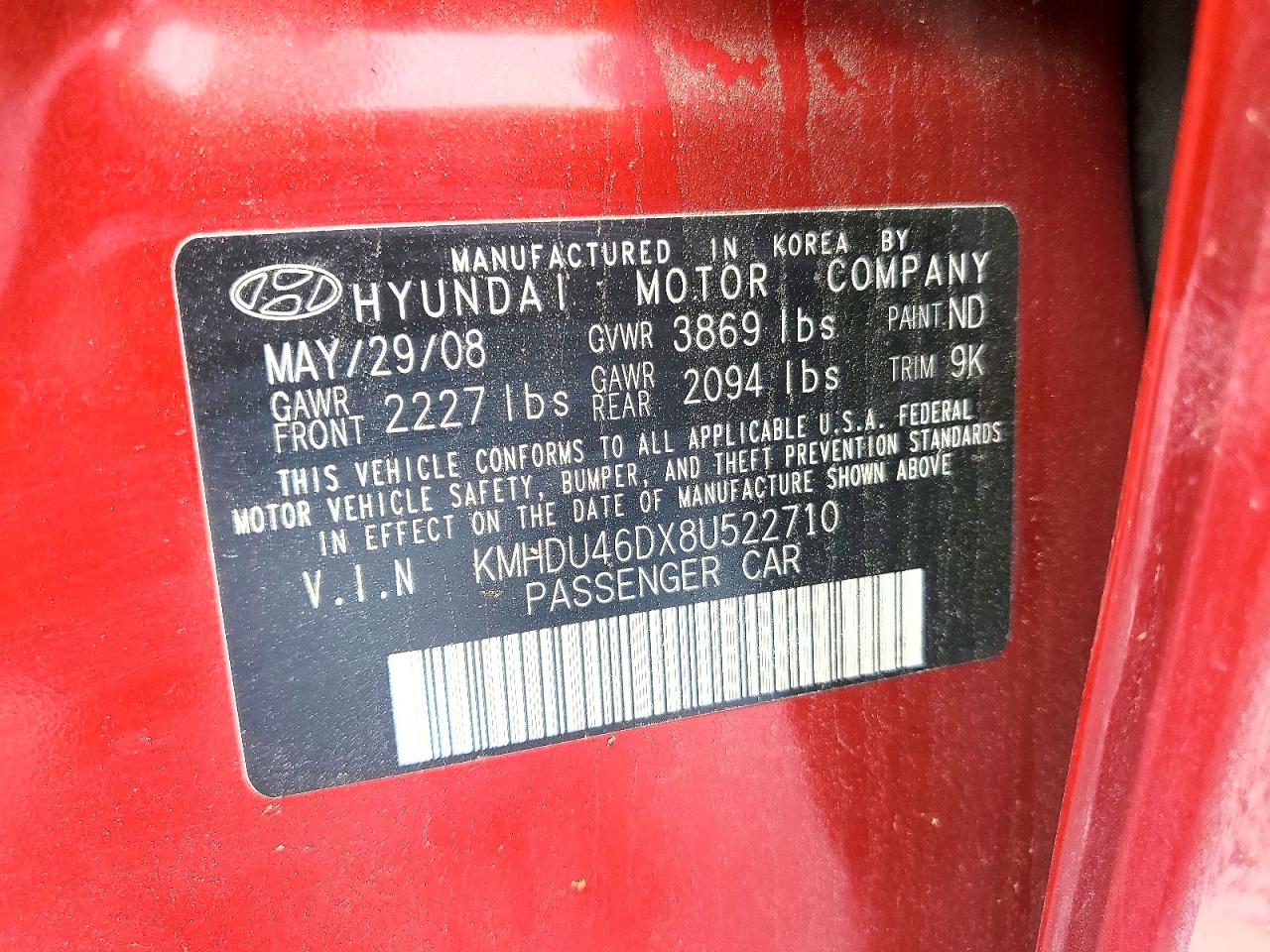 2008 Hyundai Elantra Gls Red vin: KMHDU46DX8U522710