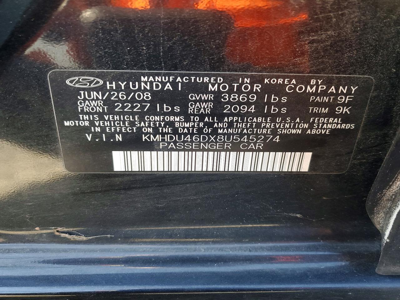 2008 Hyundai Elantra Gls Black vin: KMHDU46DX8U545274