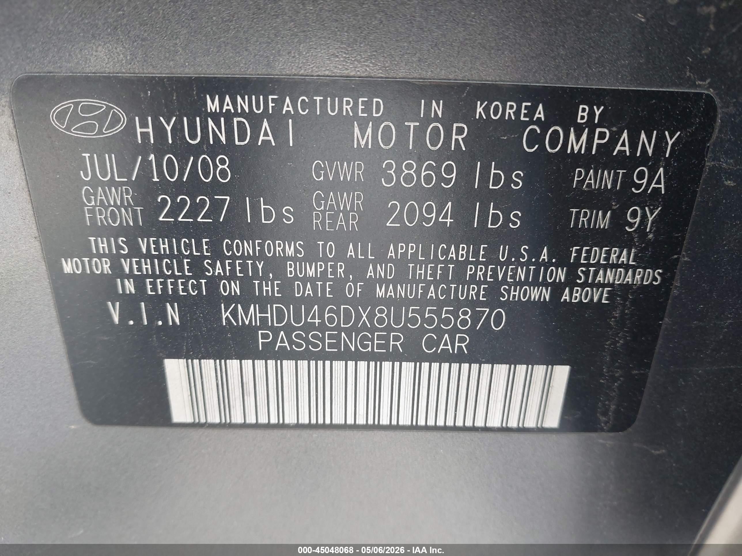 2008 Hyundai Elantra Gls/se Gray vin: KMHDU46DX8U555870