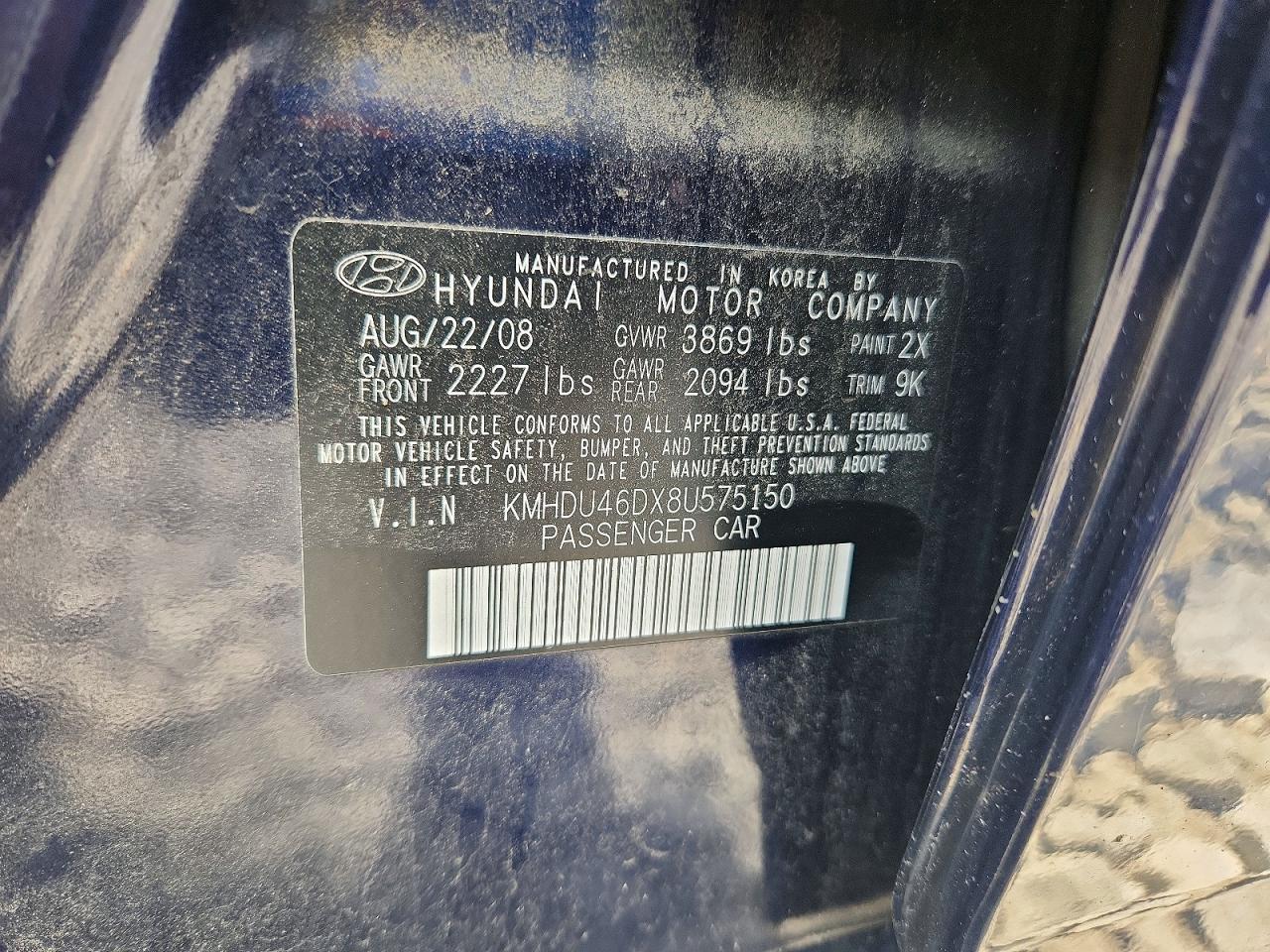 2008 Hyundai Elantra Gls Blue vin: KMHDU46DX8U575150