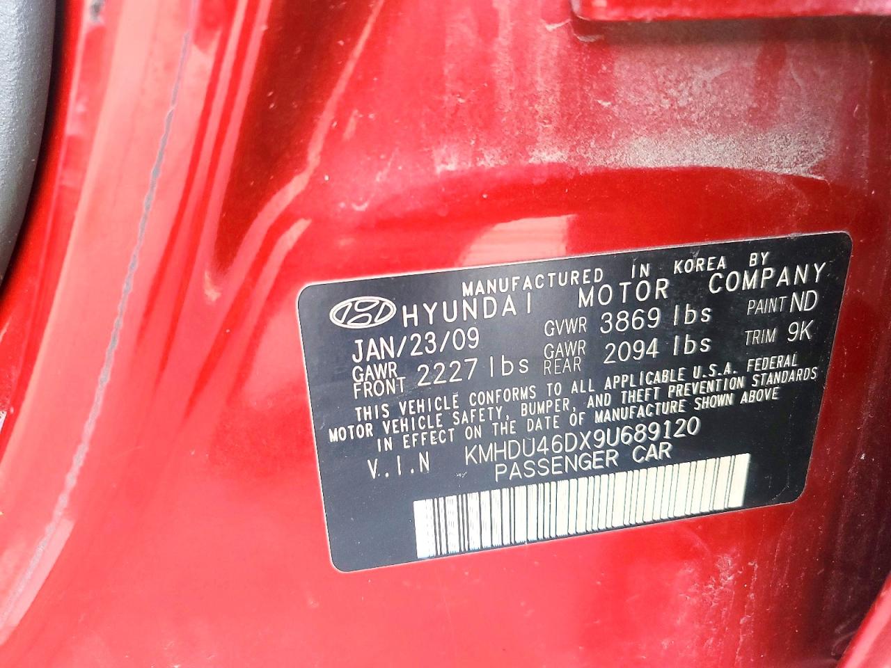 2009 Hyundai Elantra Gls Burgundy vin: KMHDU46DX9U689120