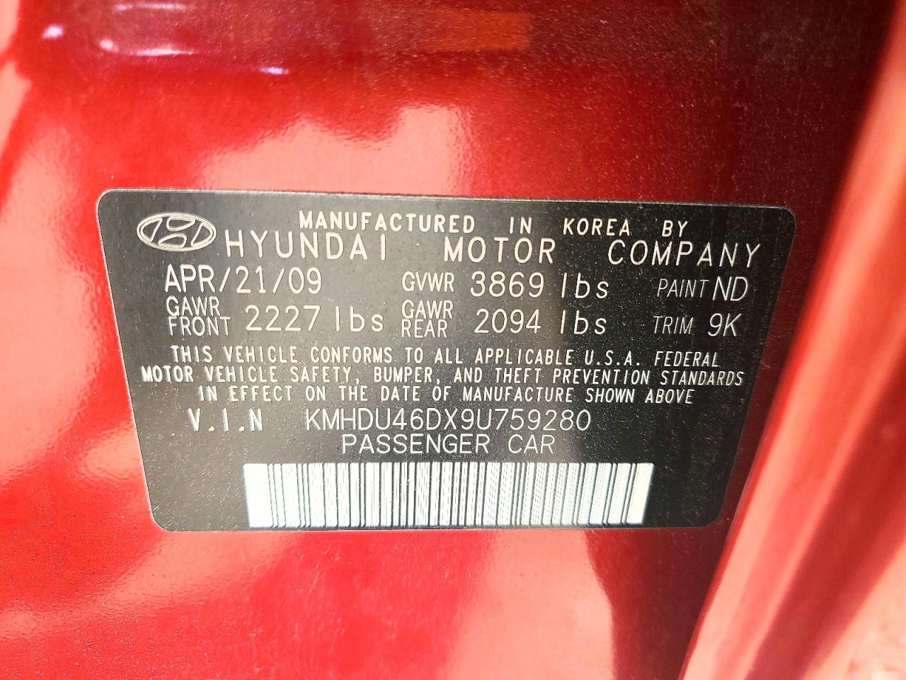 2009 Hyundai Elantra Gls Red vin: KMHDU46DX9U759280