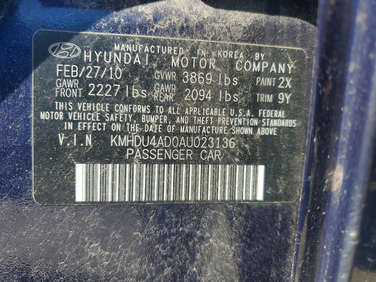 2010 Hyundai Elantra Se Blue vin: KMHDU4AD0AU023136