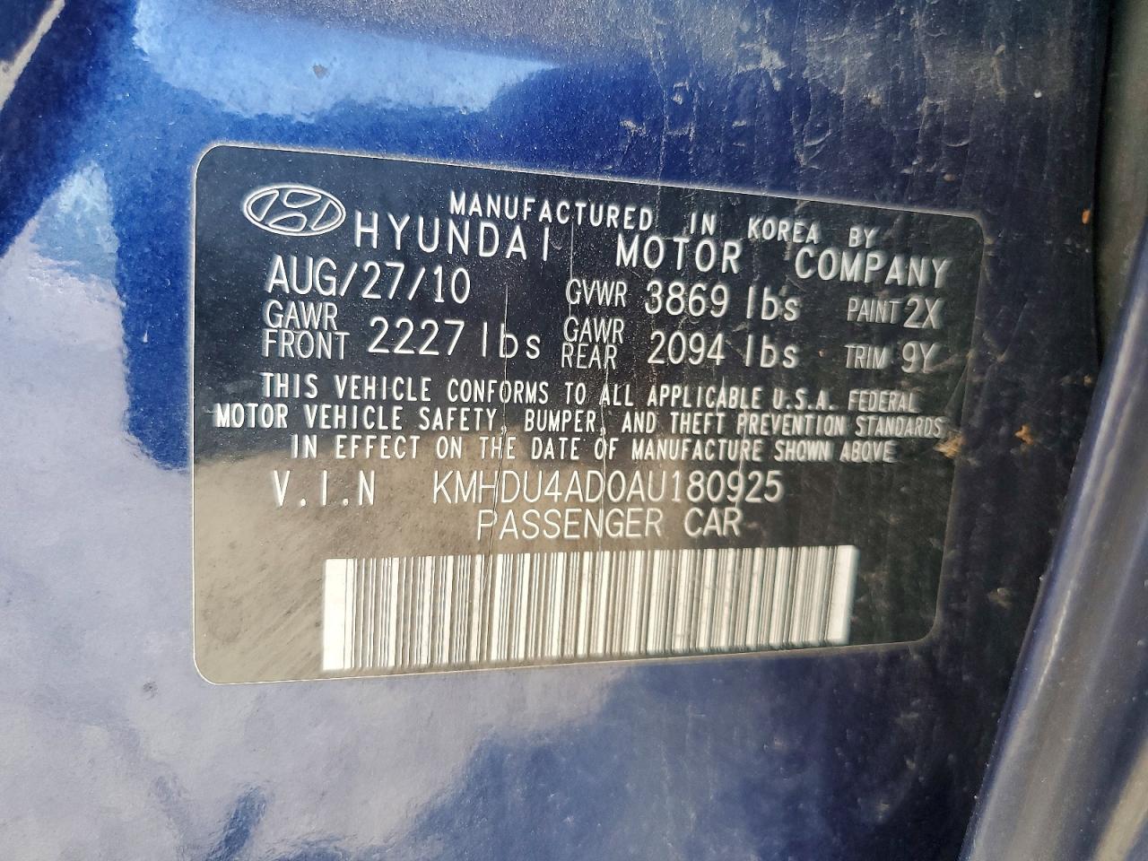 2010 Hyundai Elantra Gls Blue vin: KMHDU4AD0AU180925