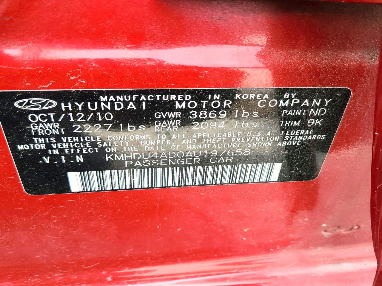 2010 Hyundai Elantra Gls Burgundy vin: KMHDU4AD0AU197658