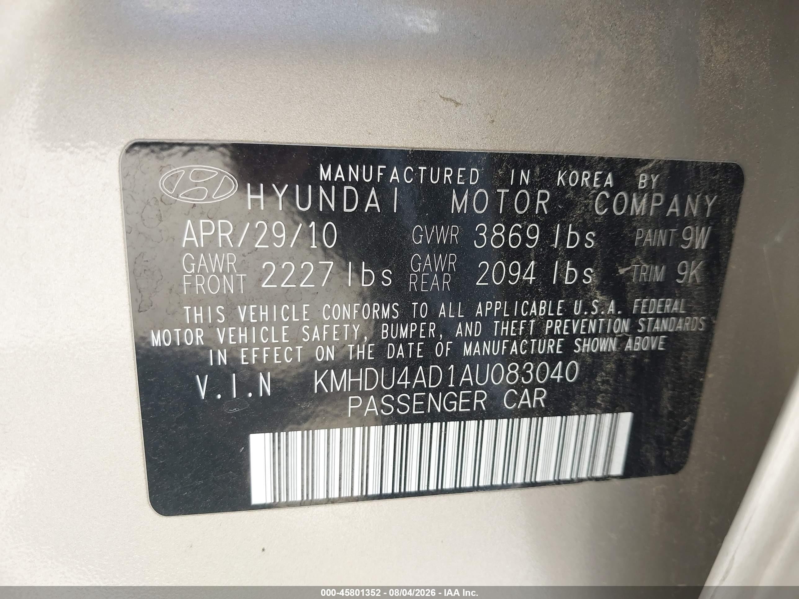 2010 Hyundai Elantra Gls Gold vin: KMHDU4AD1AU083040