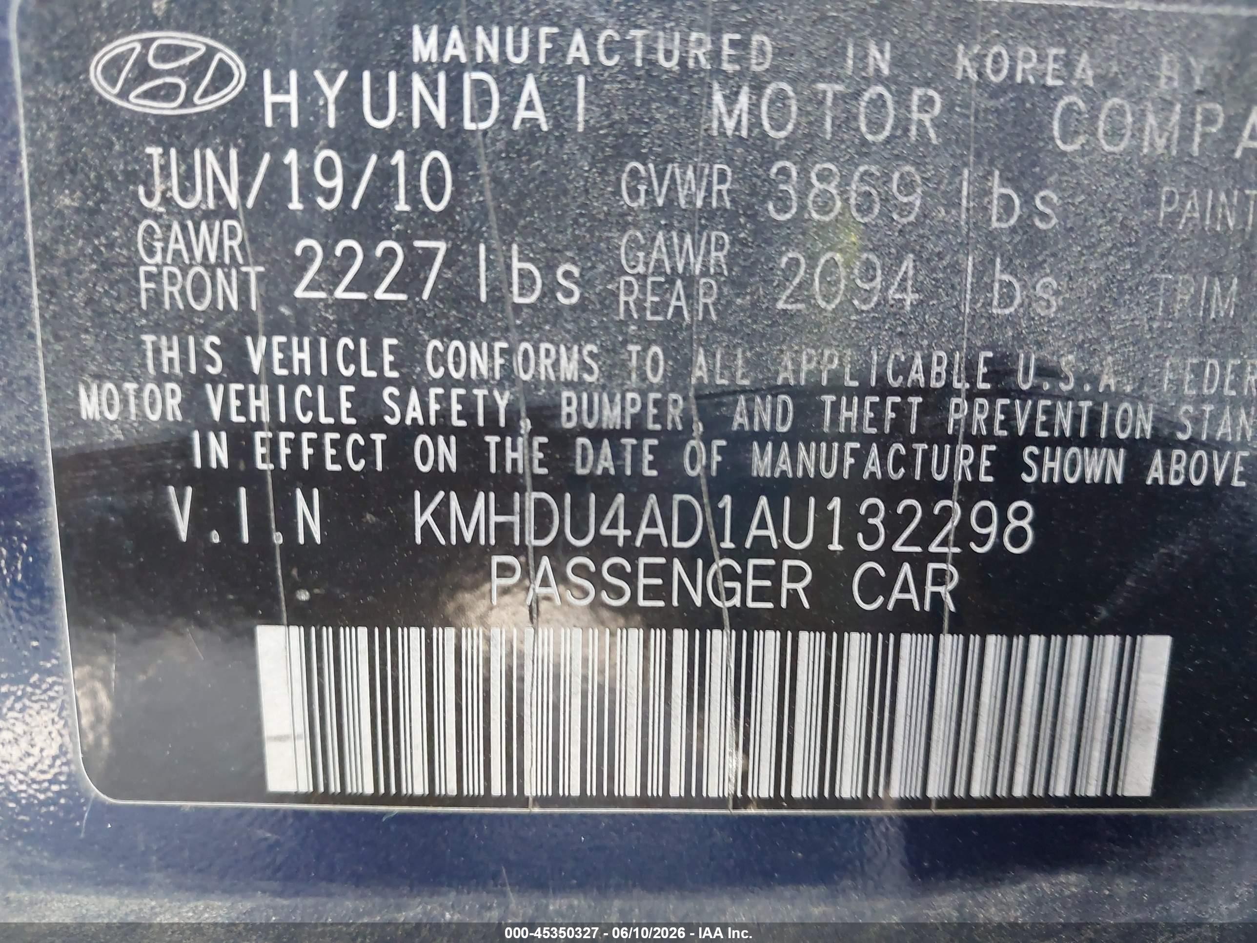 2010 Hyundai Elantra Gls Blue vin: KMHDU4AD1AU132298