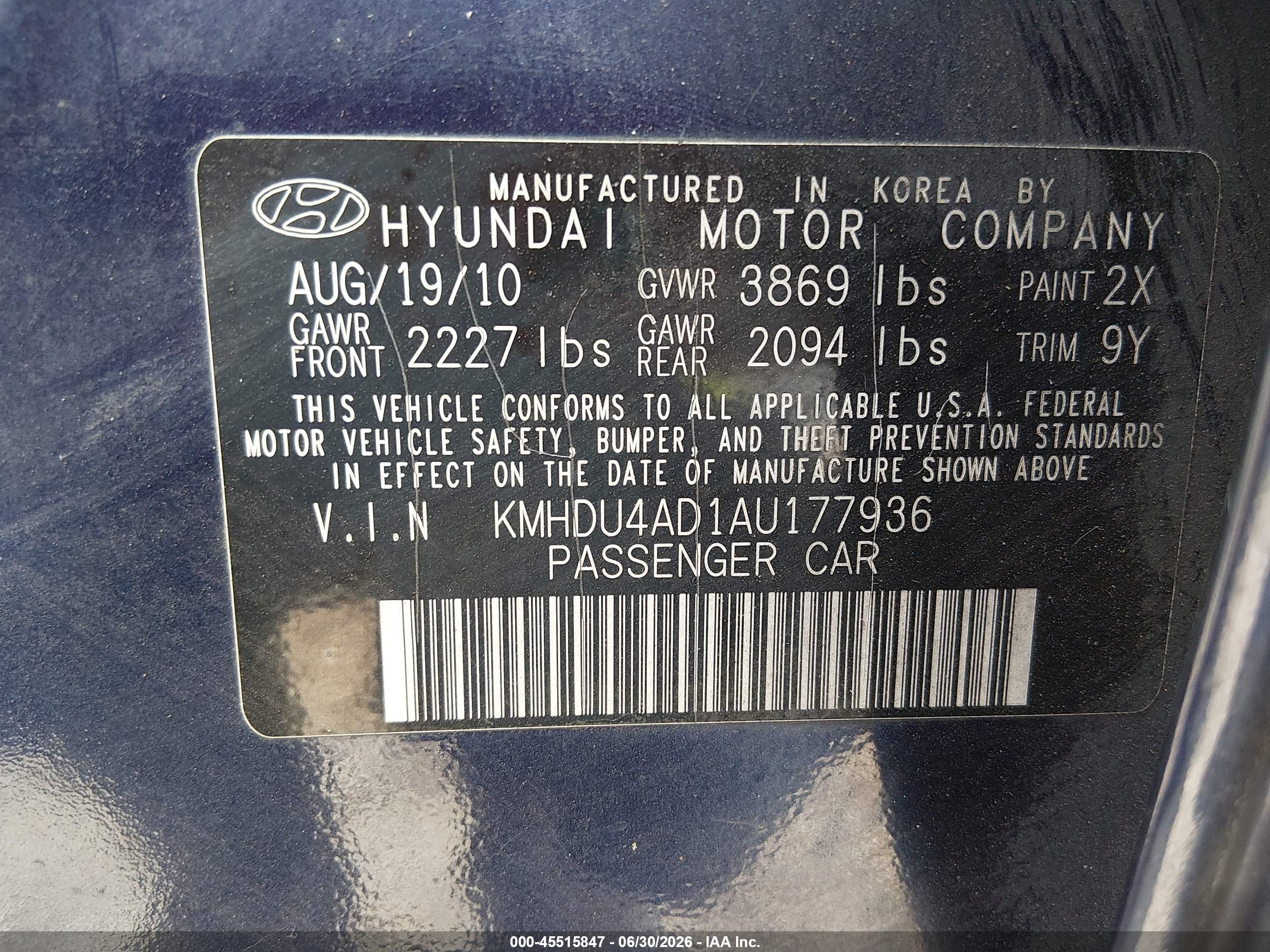 2010 Hyundai Elantra Se Blue vin: KMHDU4AD1AU177936