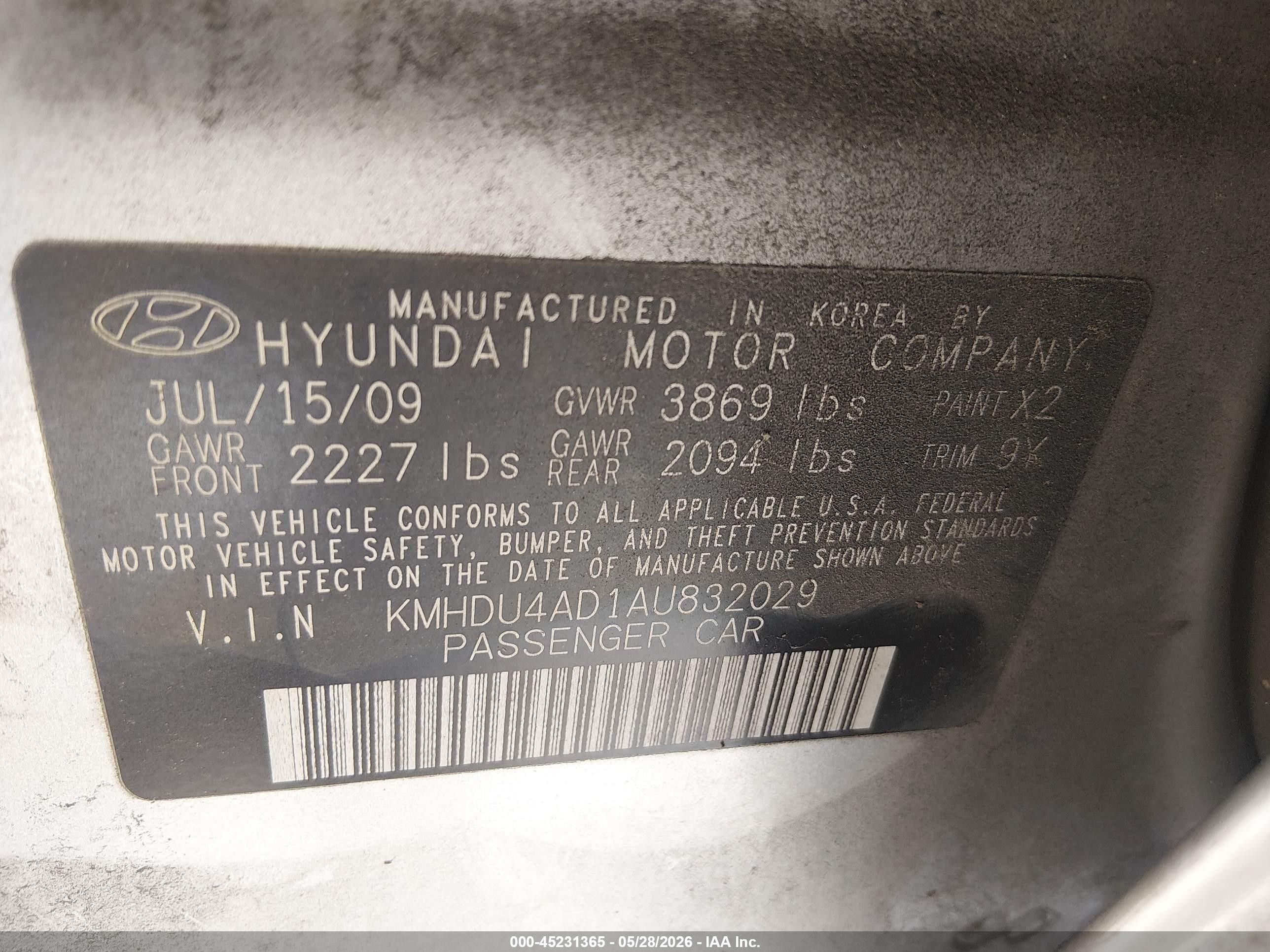 2010 Hyundai Elantra   Gray vin: KMHDU4AD1AU832029