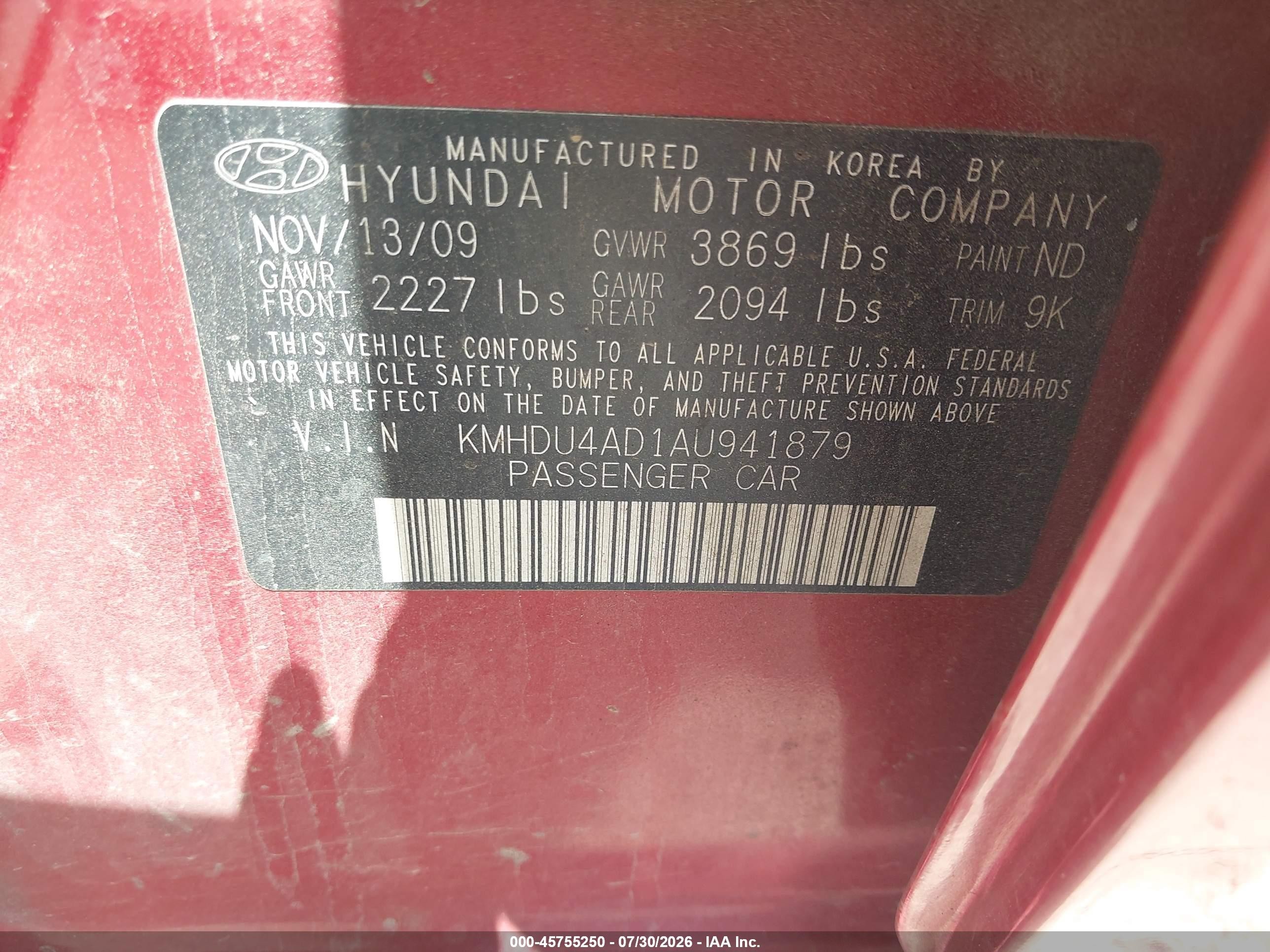 2010 Hyundai Elantra Gls Red vin: KMHDU4AD1AU941879