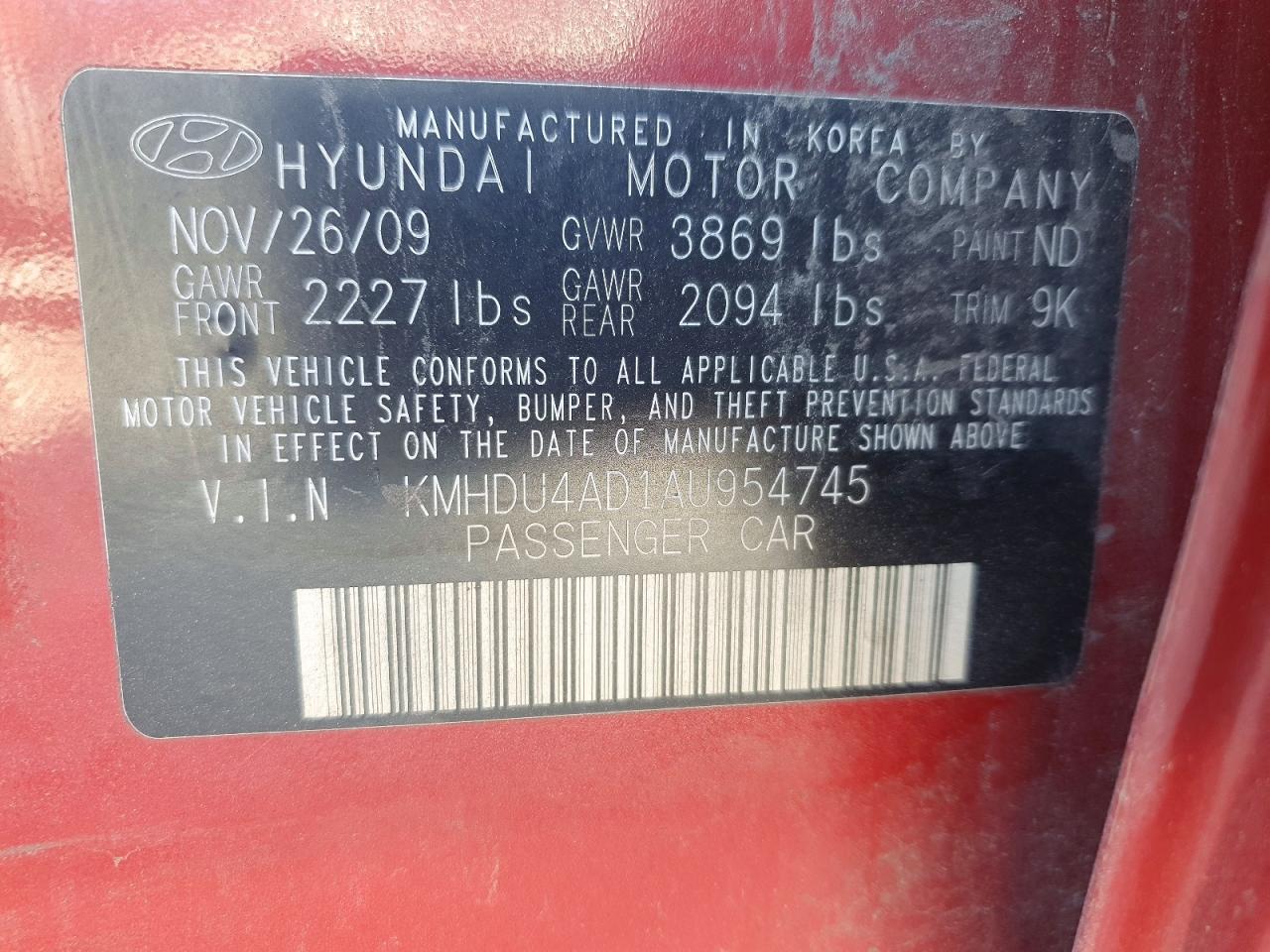 2010 Hyundai Elantra Gls Red vin: KMHDU4AD1AU954745