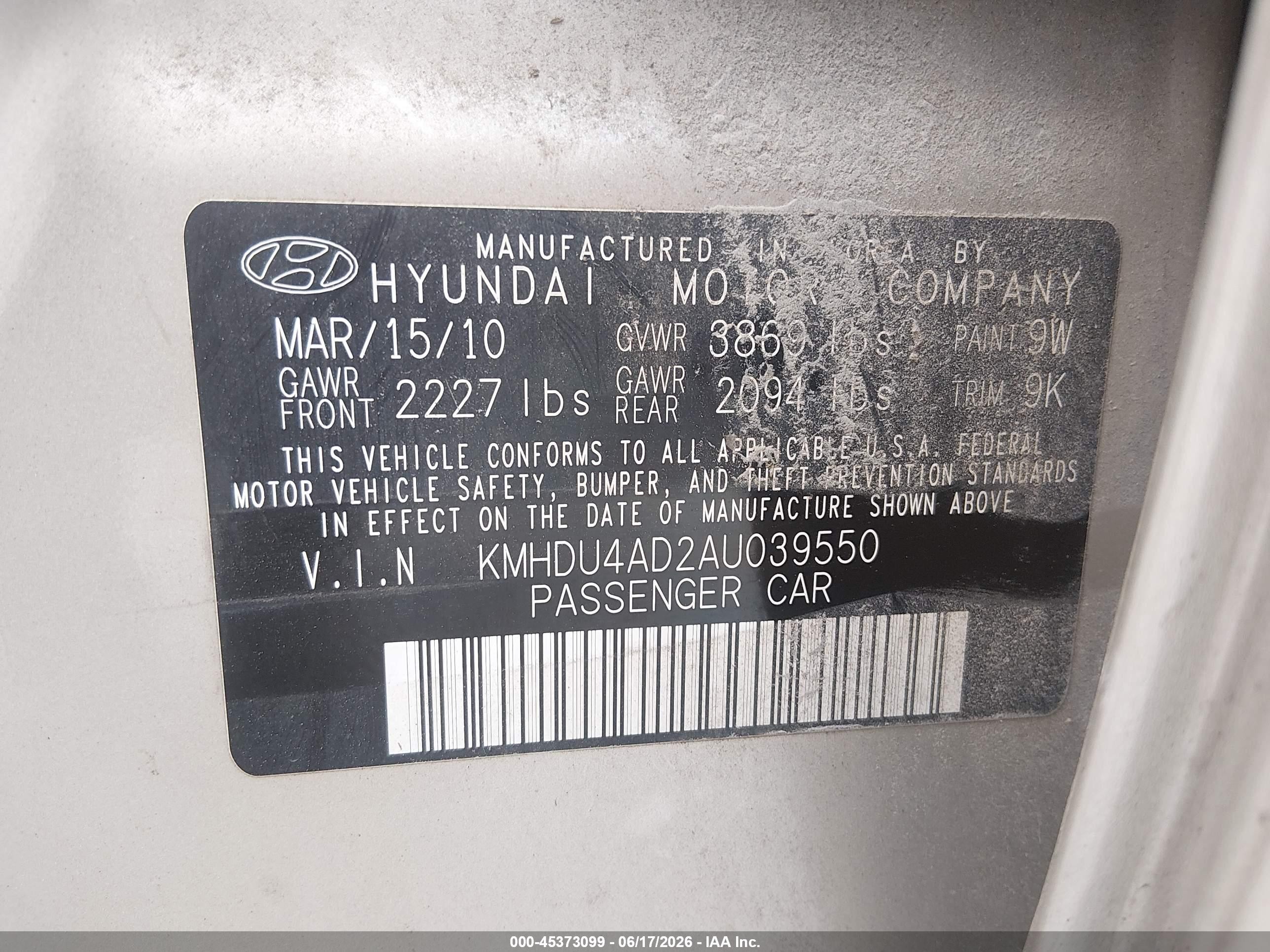 2010 Hyundai Elantra Gls Gold vin: KMHDU4AD2AU039550