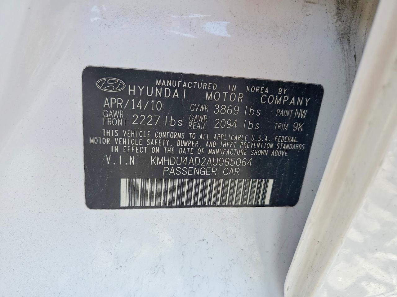 2010 Hyundai Elantra Gls White vin: KMHDU4AD2AU065064