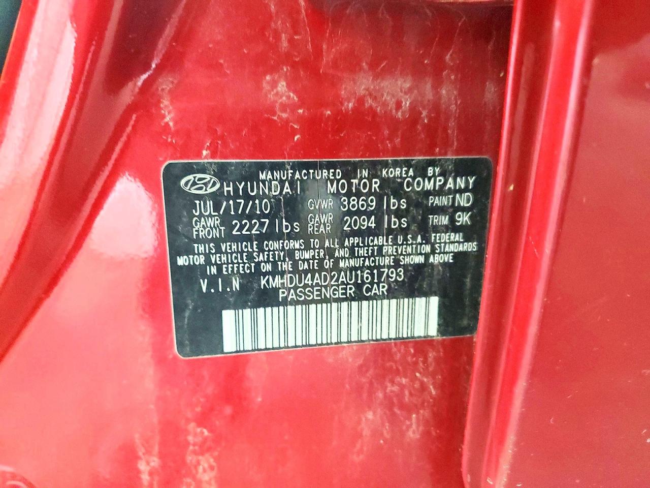 2010 Hyundai Elantra Gls Red vin: KMHDU4AD2AU161793