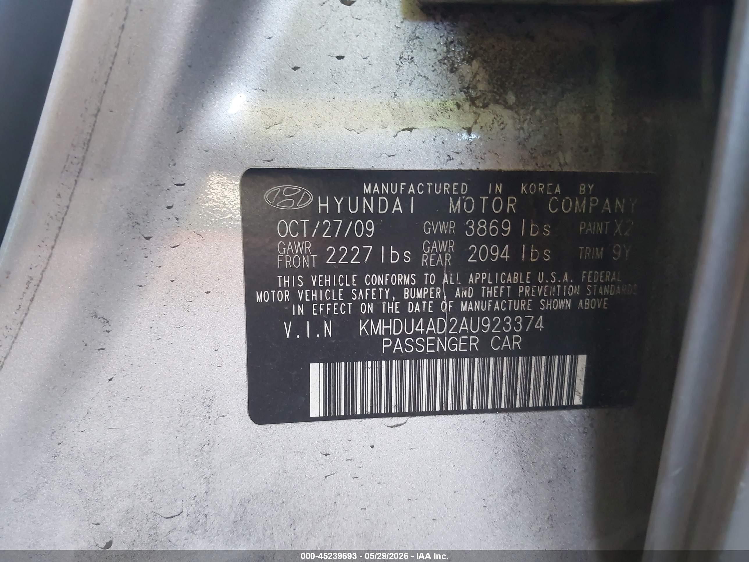 2010 Hyundai Elantra Se Gray vin: KMHDU4AD2AU923374