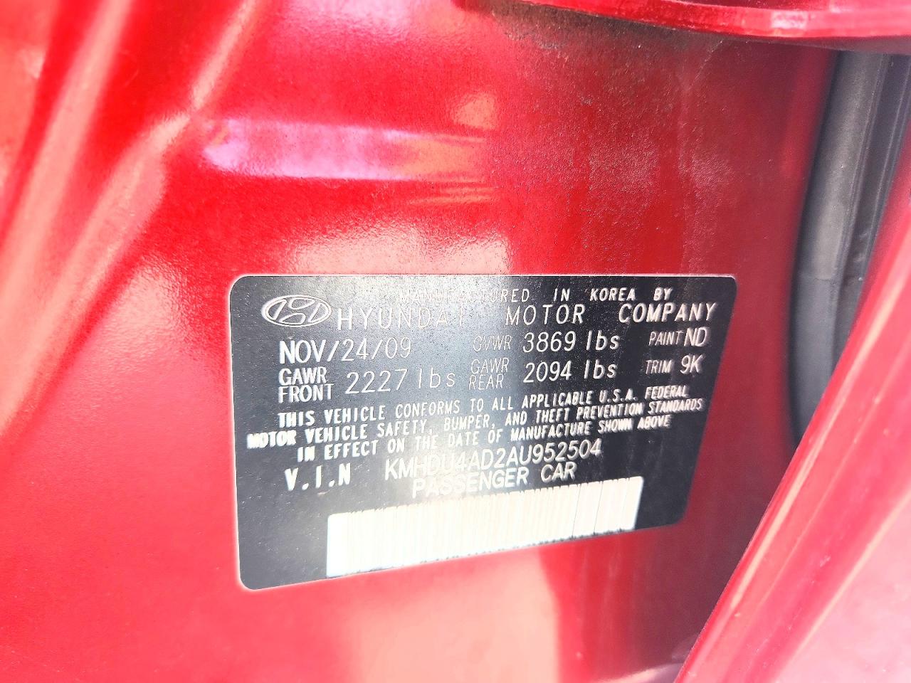 2010 Hyundai Elantra Gls Red vin: KMHDU4AD2AU952504