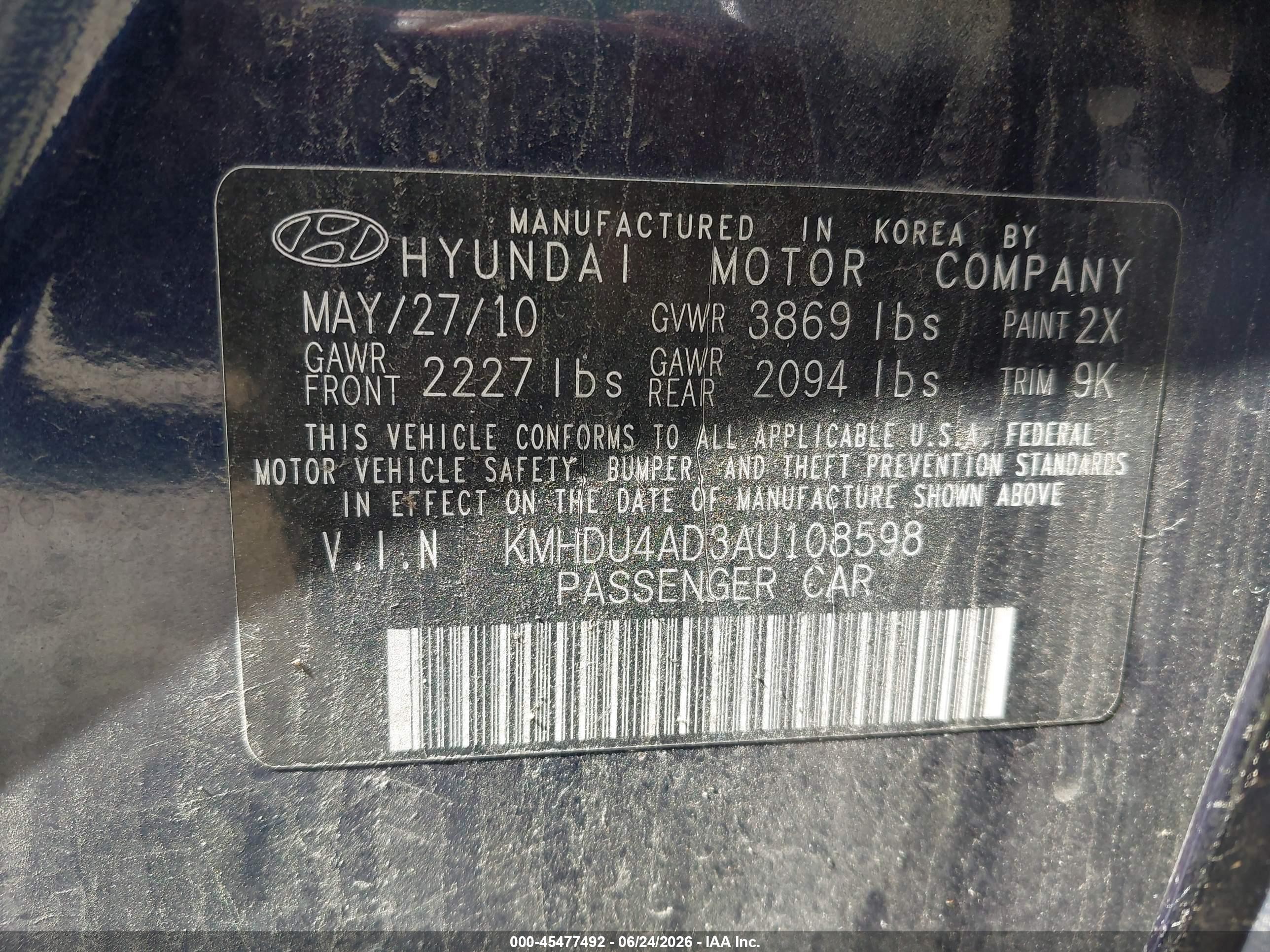2010 Hyundai Elantra Gls Blue vin: KMHDU4AD3AU108598