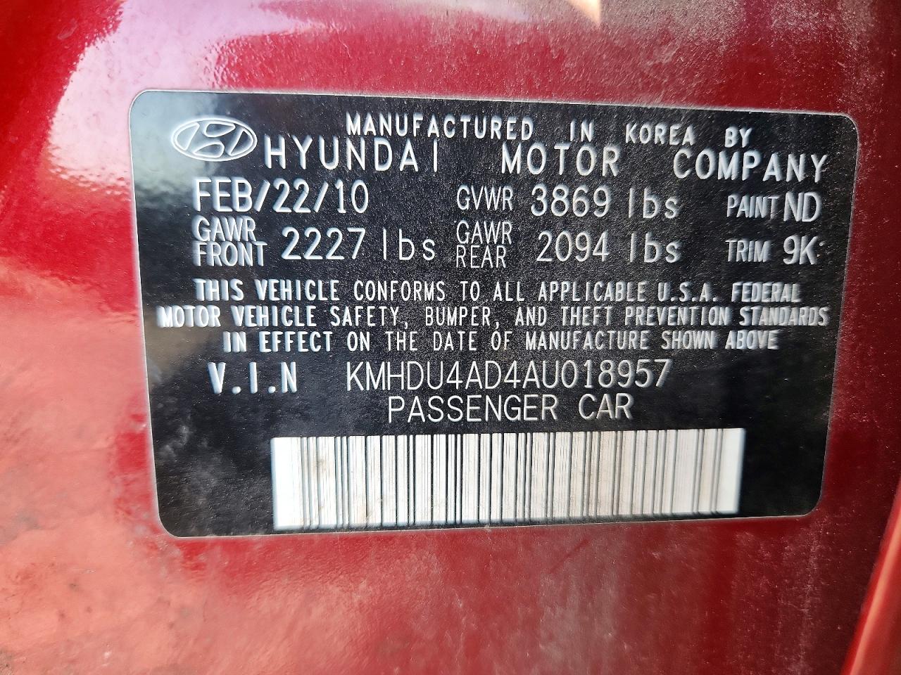 2010 Hyundai Elantra Gls Burgundy vin: KMHDU4AD4AU018957