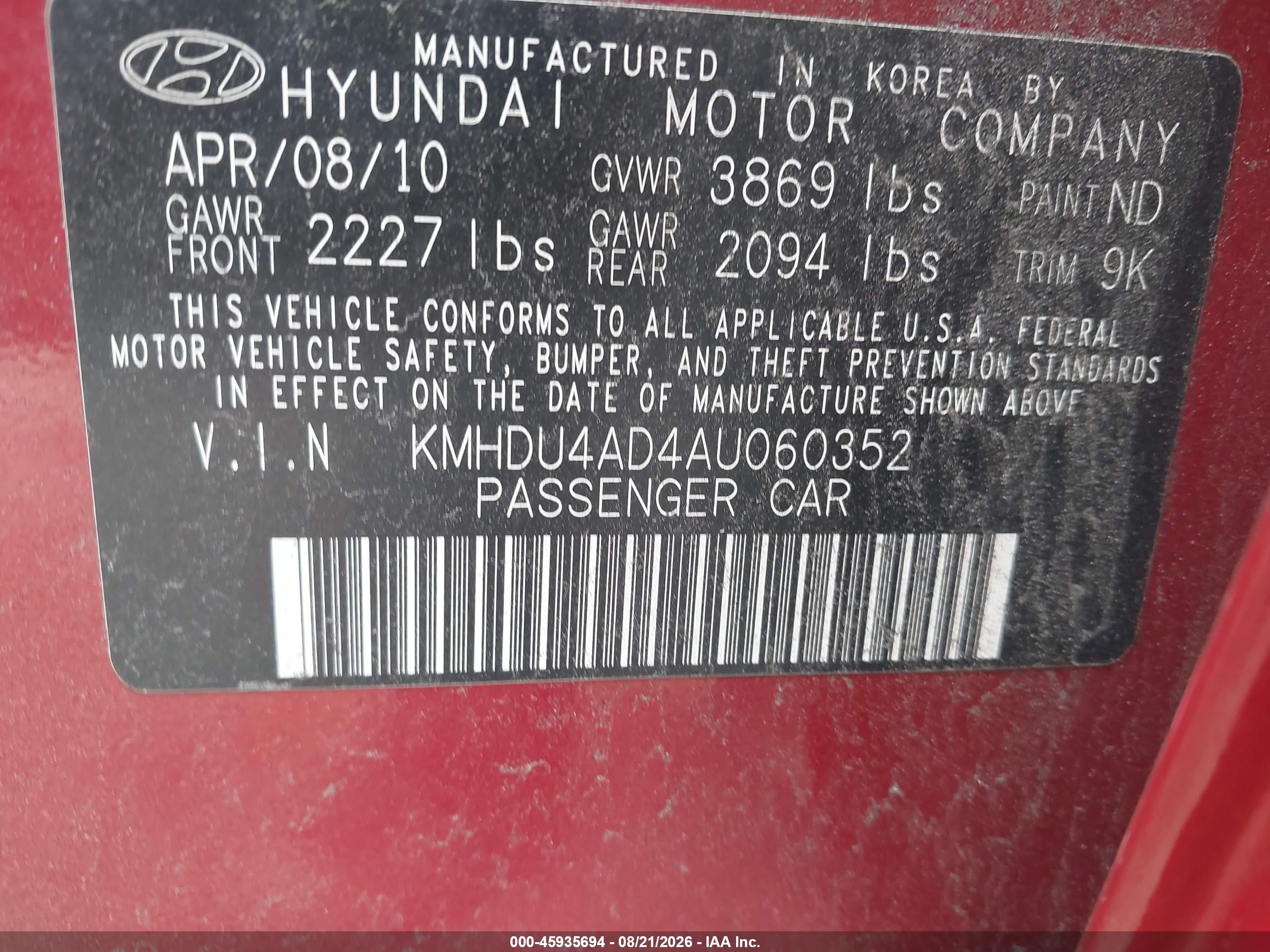 2010 Hyundai Elantra Gls Red vin: KMHDU4AD4AU060352