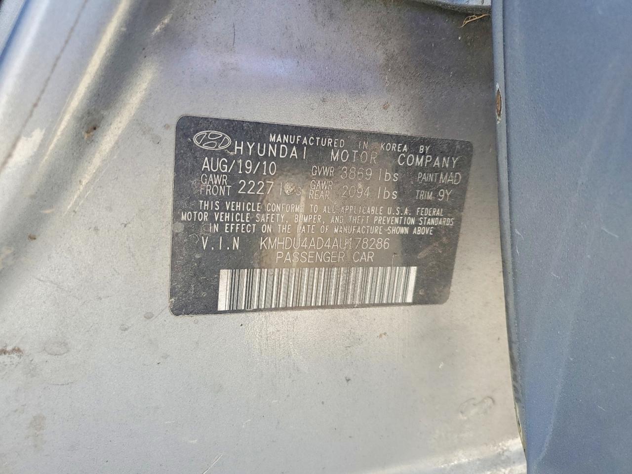 2010 Hyundai Elantra Blue Gray vin: KMHDU4AD4AU178286