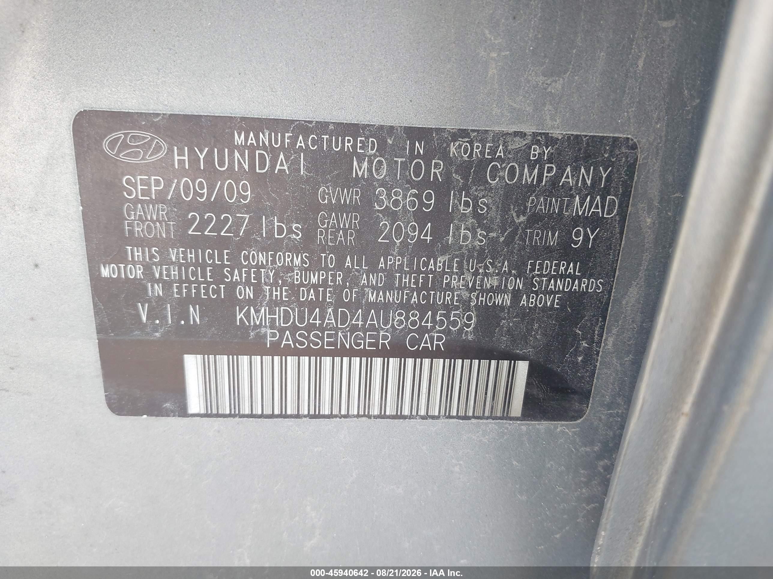 2010 Hyundai Elantra Gls Blue vin: KMHDU4AD4AU884559