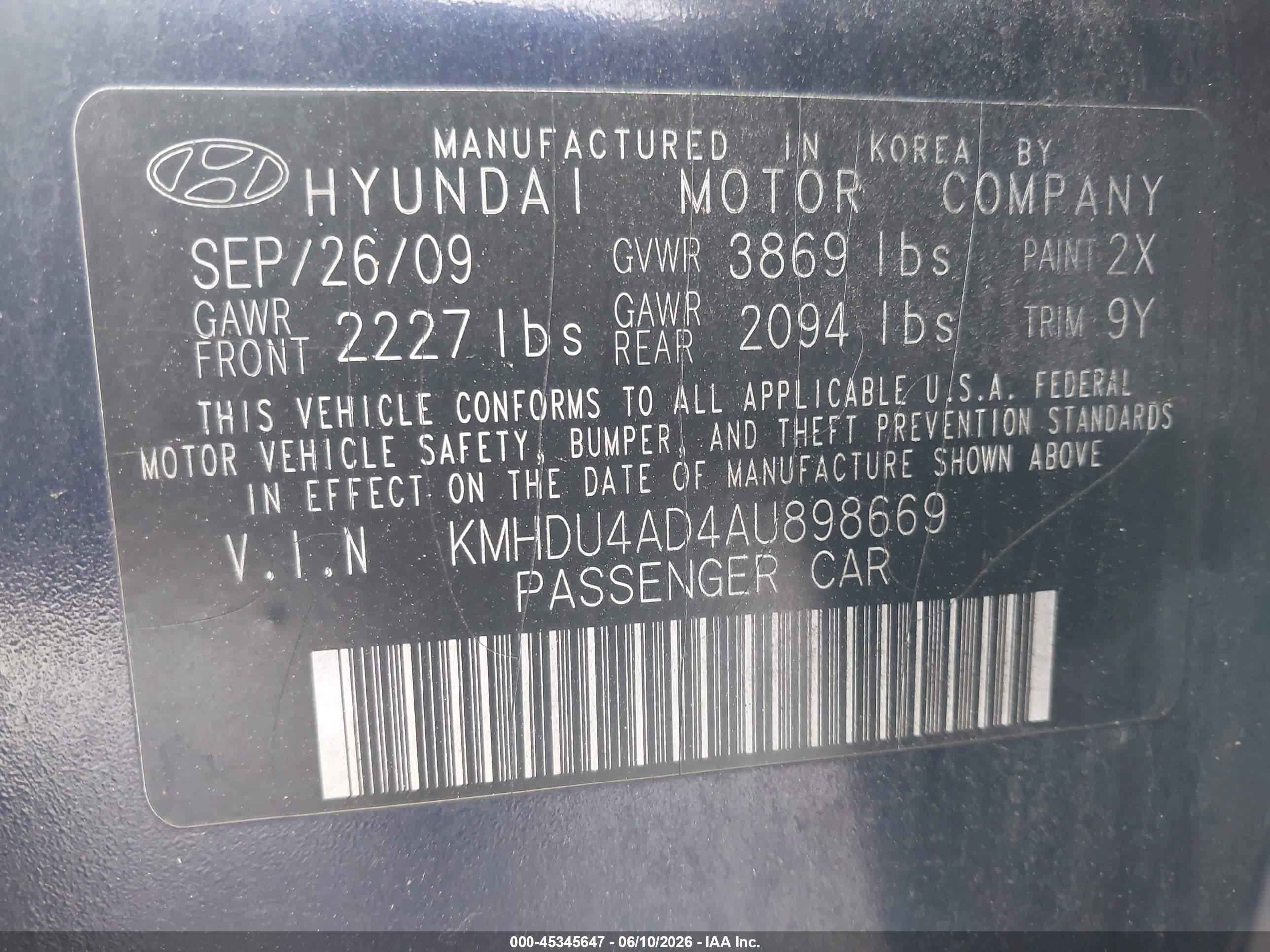 2010 Hyundai Elantra Gls Blue vin: KMHDU4AD4AU898669