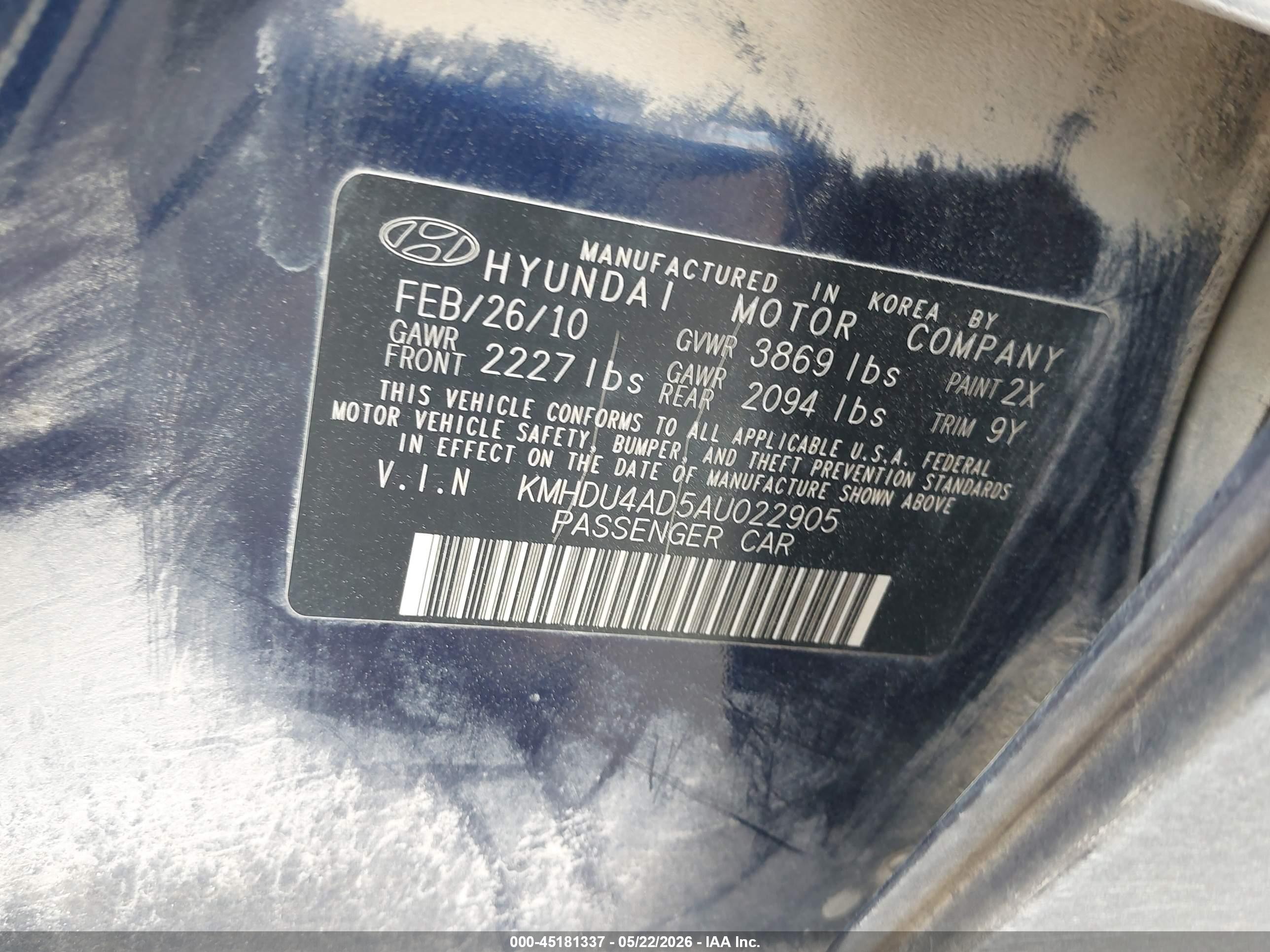 2010 Hyundai Elantra Se Blue vin: KMHDU4AD5AU022905