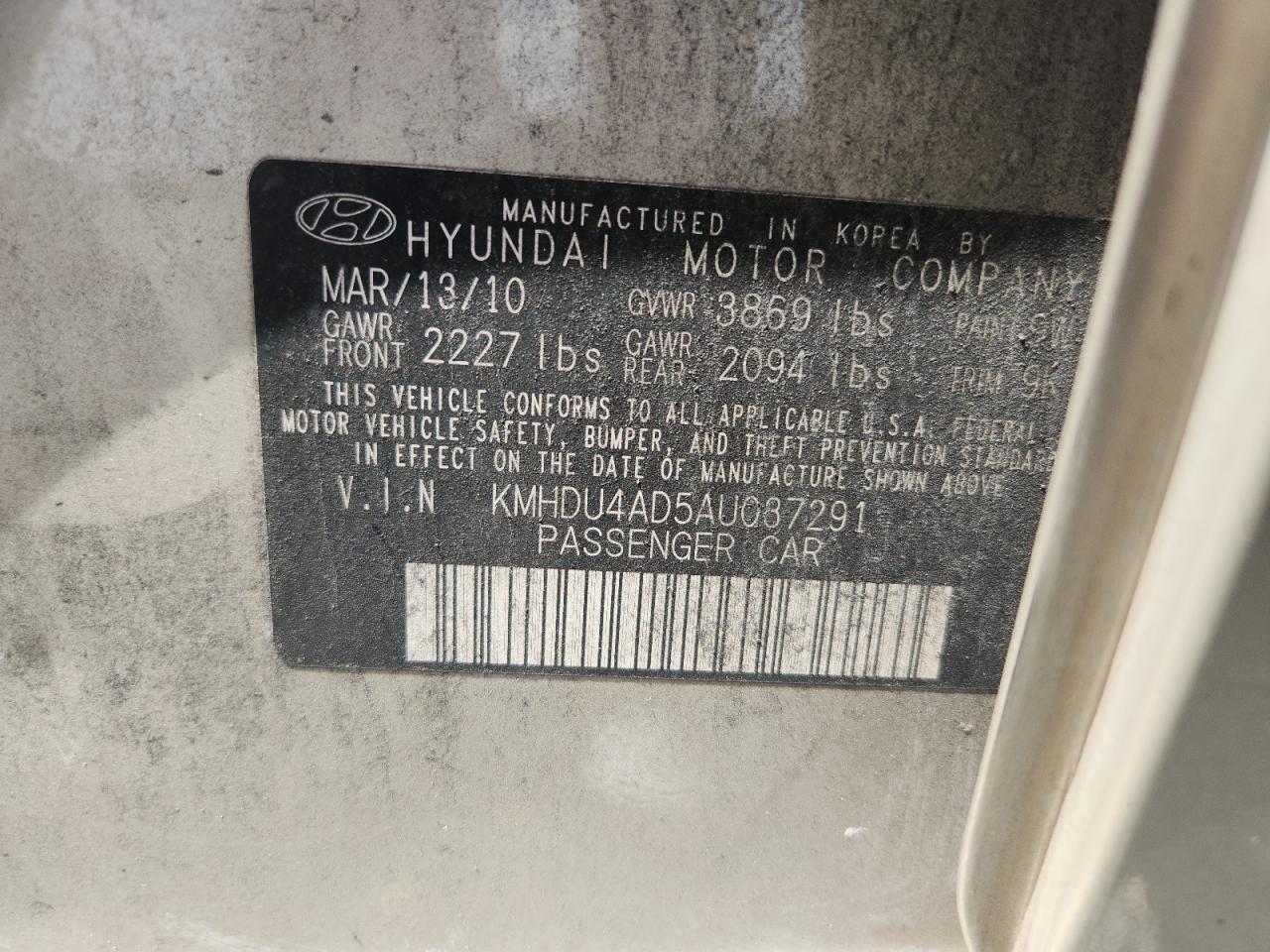 2010 Hyundai Elantra Gls Gold vin: KMHDU4AD5AU037291