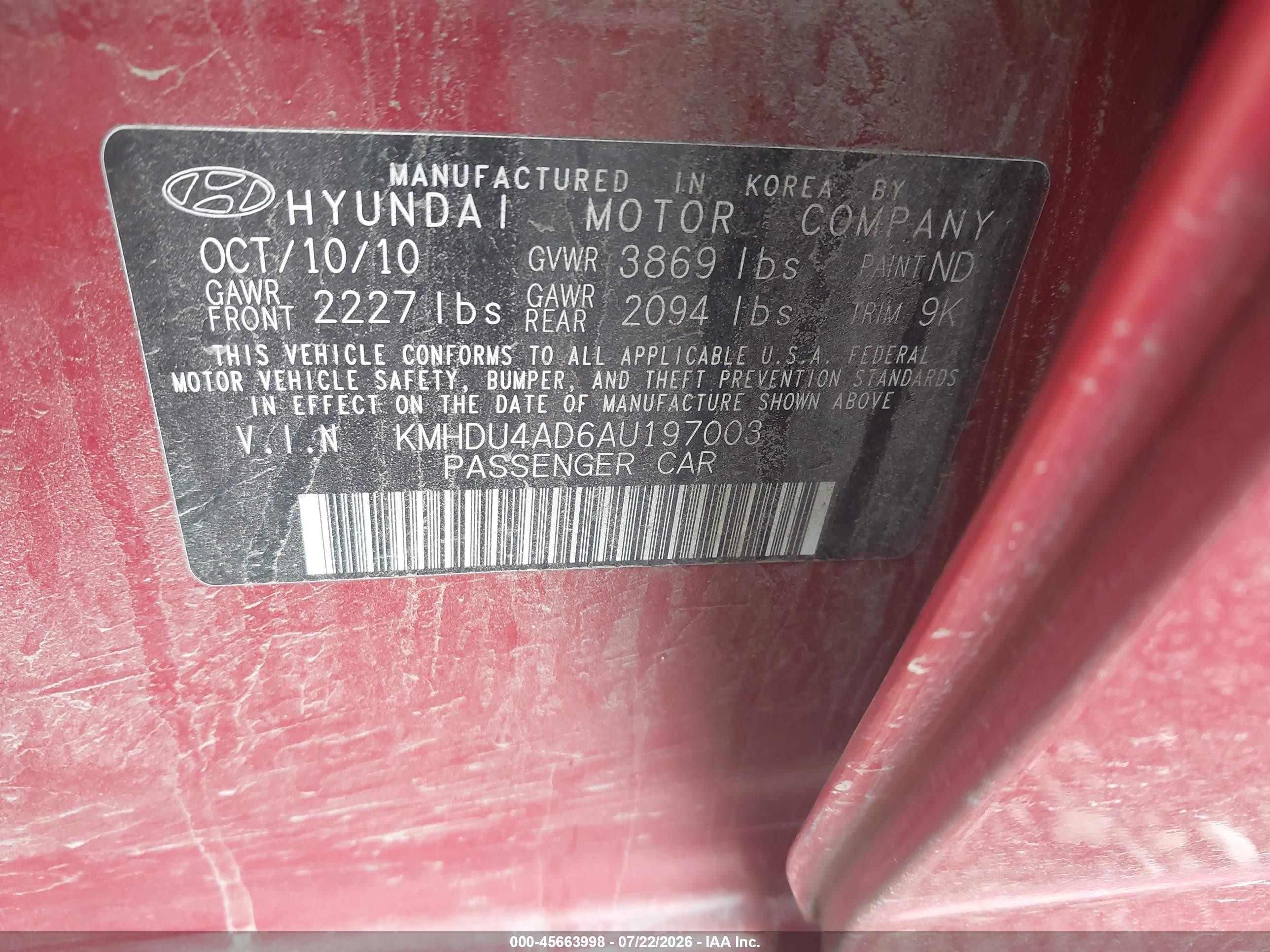 2010 Hyundai Elantra Gls Red vin: KMHDU4AD6AU197003