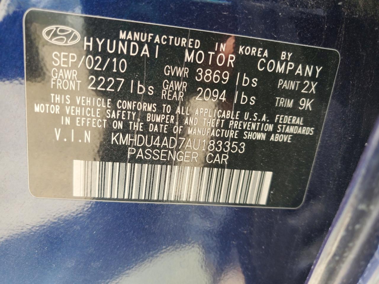 2010 Hyundai Elantra Gls Blue vin: KMHDU4AD7AU183353