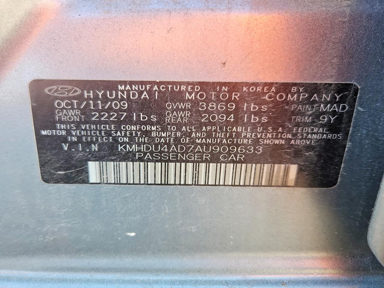 2010 Hyundai Elantra Gls Blue vin: KMHDU4AD7AU909633