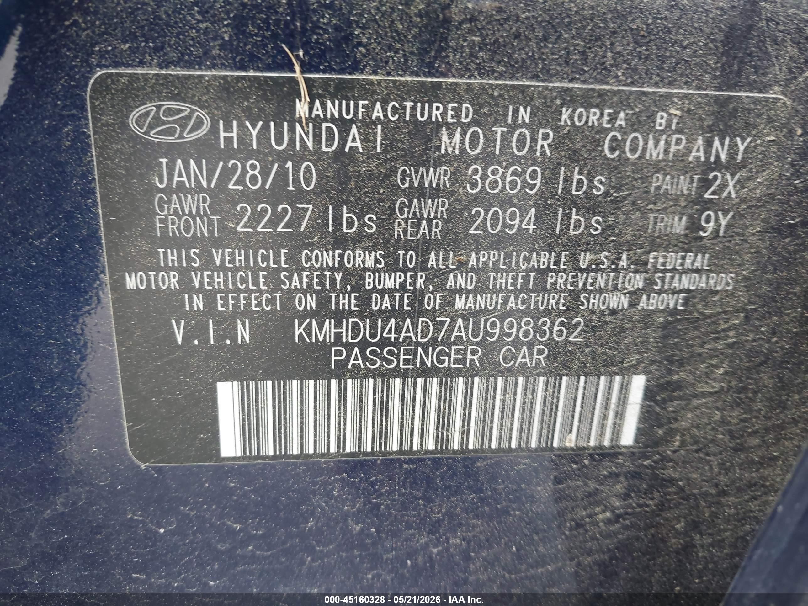 2010 Hyundai Elantra Se Blue vin: KMHDU4AD7AU998362